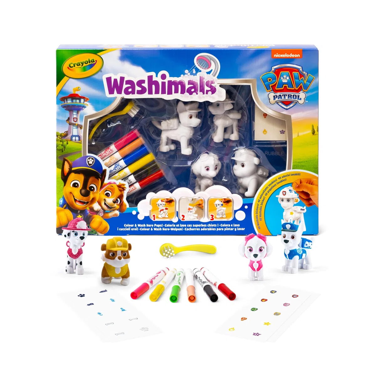 CRAYOLA - Washimals Paw Patrol, Set Attività con 4 cuccioli, 6 Pennarelli Lavabili, 40 Adesivi e Spazzolina, Gioco e Regalo per Bambini, da 3 Anni, 74-0290