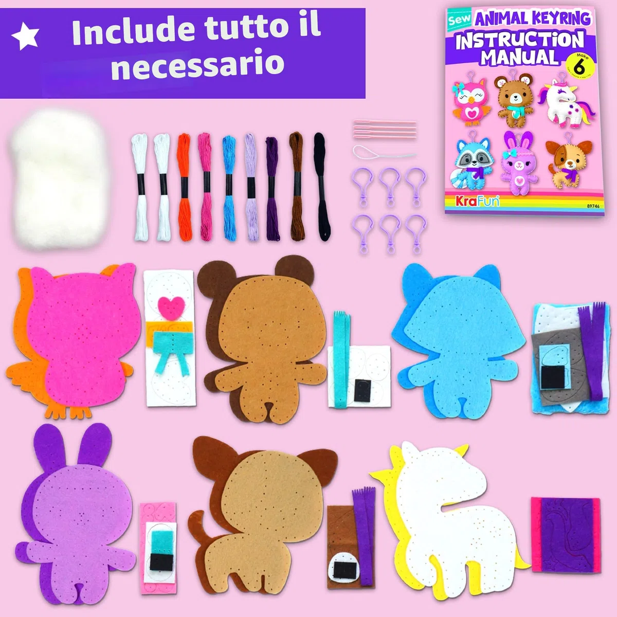 KRAFUN Kit da Cucito Portachiavi per Bambini 7+ Anni, 6 Bambole Peluche (Orsacchiotto, Unicorno, Cucciolo), Feltro, Istruzioni, Giocattolo Educativo