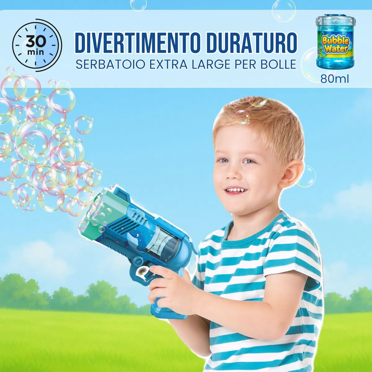 Blubbel Sparabolle di Sapone LED, Pistola Giochi, Macchina Automatica, Bubble Gun, Cannone d’Aria, Giocattolo Matrimonio, Regalo Estivo Bambini, 120ml Liquido Incluso