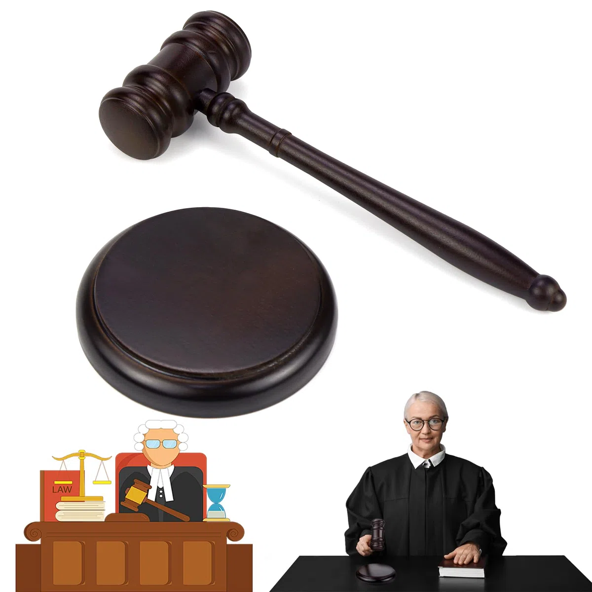 Erzekrim Legno Giudice Set Martello da Giudice in Legno con Blocco sonoro Realizzato a Mano per Giudici, Avvocati, Vendita All'Asta, Giochi di Ruolo per Bambini e Regali