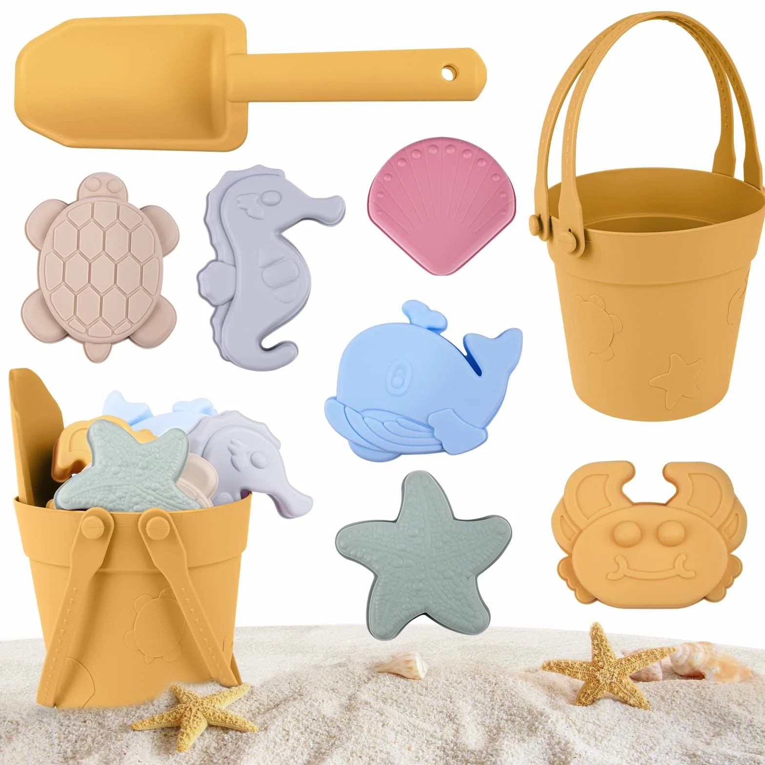 HOTUT Giocattoli da Spiaggia per Bambini, 8 Pezzi Morbido Silicone Giochi Spiaggia Bambini, Giocattolo da Spiaggia con Secchiello e Pala, Set di Giocattoli per la Sabbia per Bambini Ragazzi Ragazze