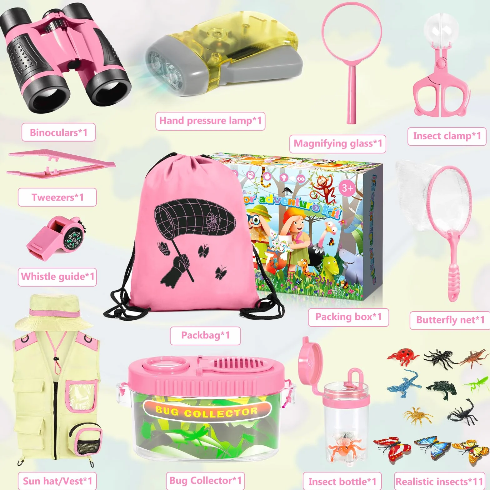 23 PCS Kit Esploratore Bambini, Set di Esplorazione per Bambini, Set Explorer Outdoor Giocattoli, con Binocolo, Cappello, Gilet, per età 3+, Anni, Kit di esplorazione Regalo (Rosa)