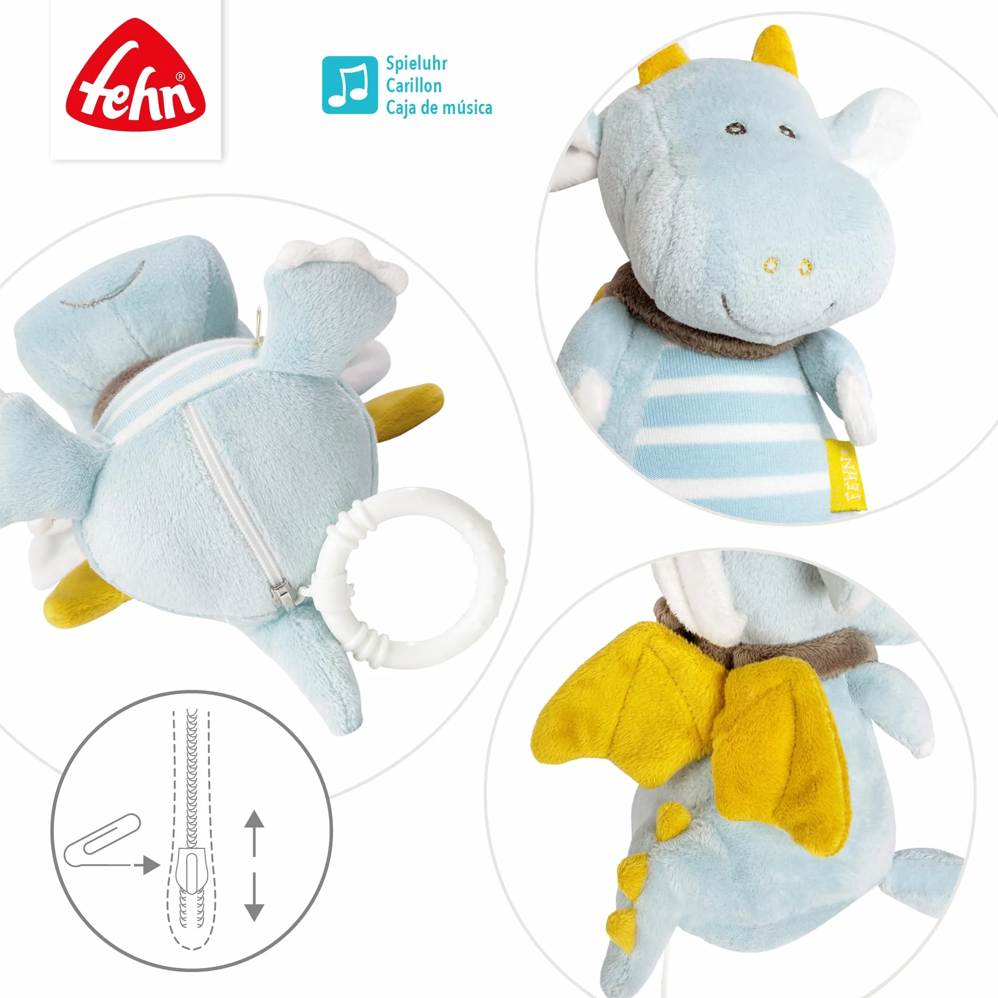 Fehn carillon drago - peluche e aiuto per addormentarsi: Carillon a carica con dolce melodia Dormi, bambino, dormi calma in ogni situazione -per neonati e bambini da 0 mesi