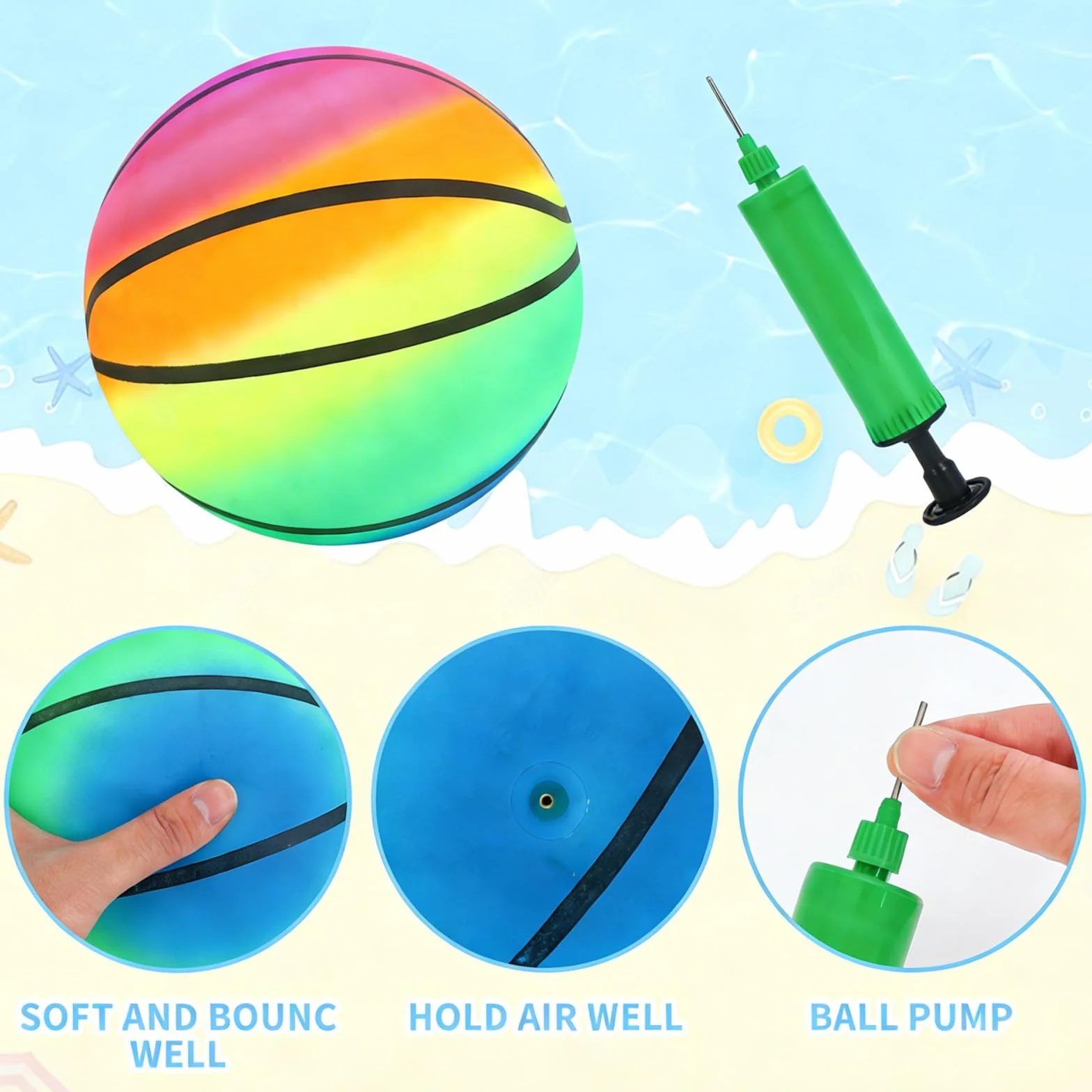 Gukasxi 3 Pezzi Palla Gonfiabile Spiaggia con pompa, Palline da Spiaggia Arcobaleno Palla Morbida PVC Bambini per Bambini Adulti Interni Esterni Spiaggia Piscina