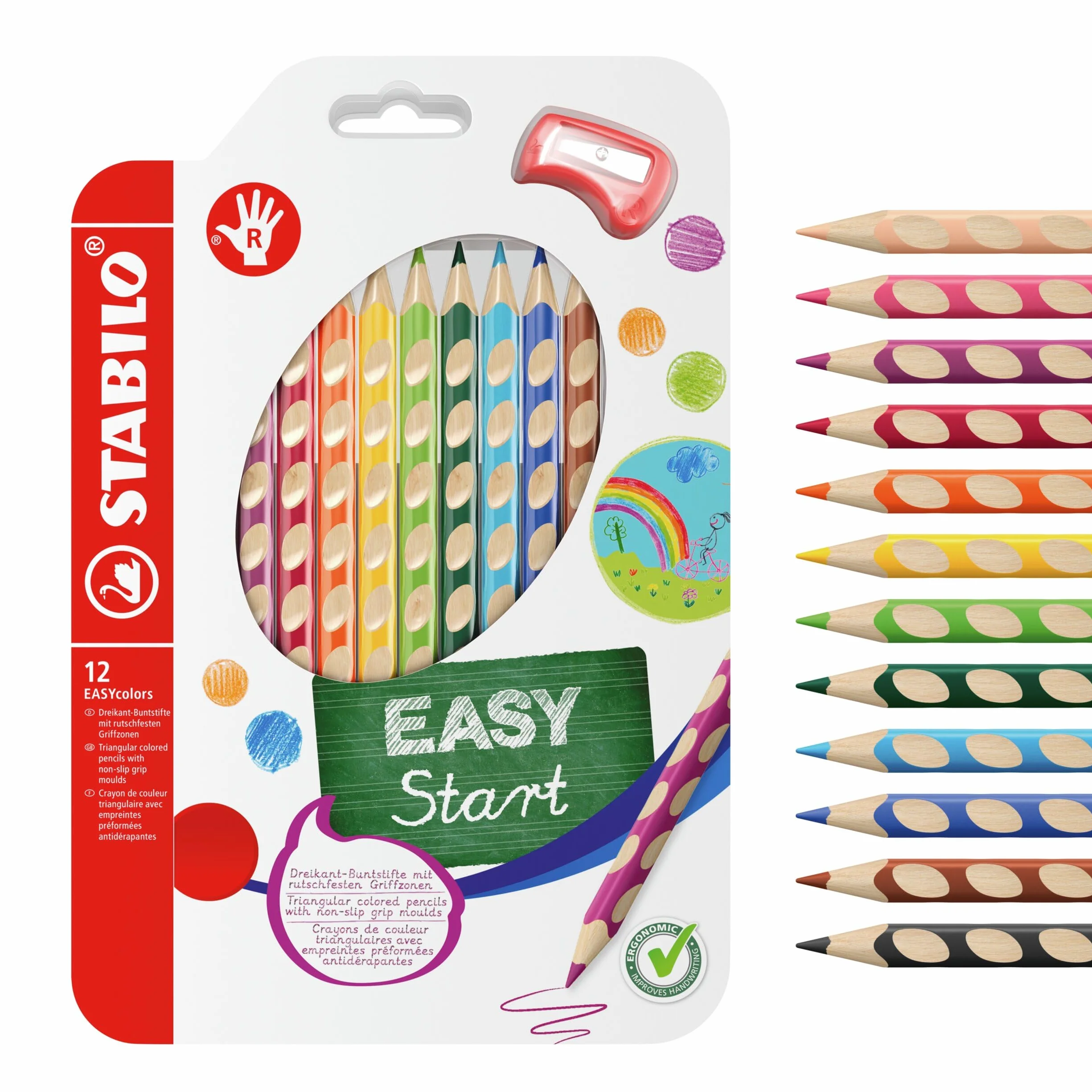 STABILO EASYcolors - Matita colorata Ergonomica - per Destrimani - Astuccio da 12 + temperino - Colori assortiti