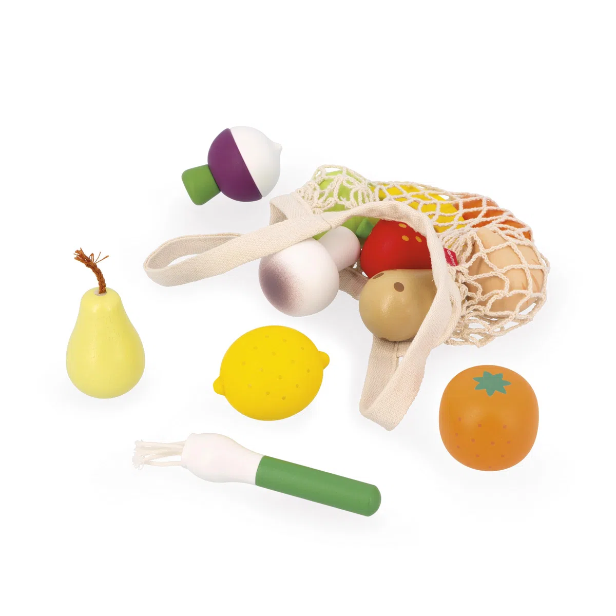 Janod Filet de 12 Fruits et Légumes, Sacca in Stoffa, Panier d'imitazione, Complemento Ottime per la Cucina Infantile e da Tavolo, A Partire da 3 Anni, J06639
