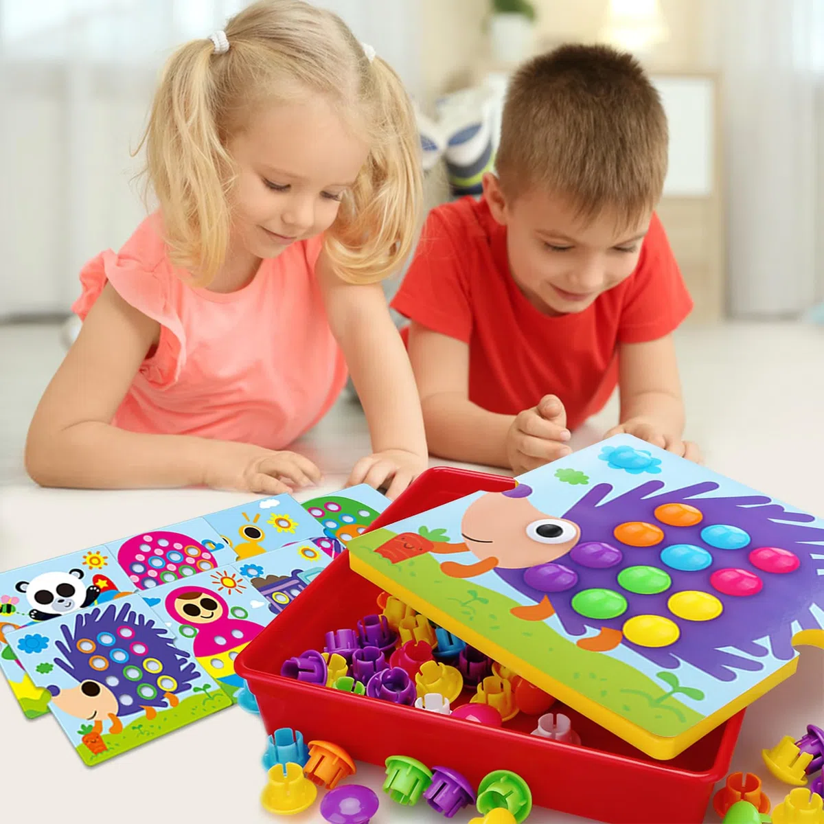 JurciCat Gioco Bottoni per bambini Con 46 grandi perline e 12 carte colorate Chiodini per bambini 2 anni Giocattolo educativo Regalare Regalo di Compleanno(Dinosauri)