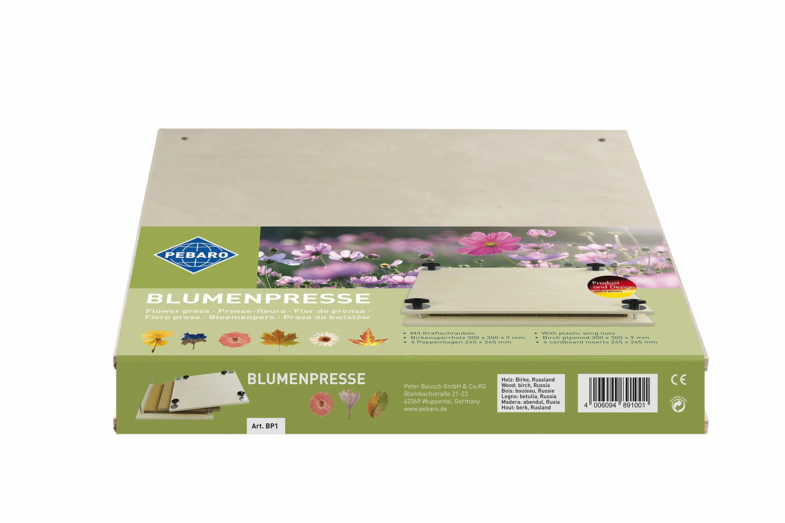 PEBARO BP1, pressa per fiori, in compensato di betulla di alta qualità, 9 mm, con 4 inserti in cartone, 30 x 30 cm, molto stabile, pressa per fiori, Made in Germany, il legno può anche essere dipinto,