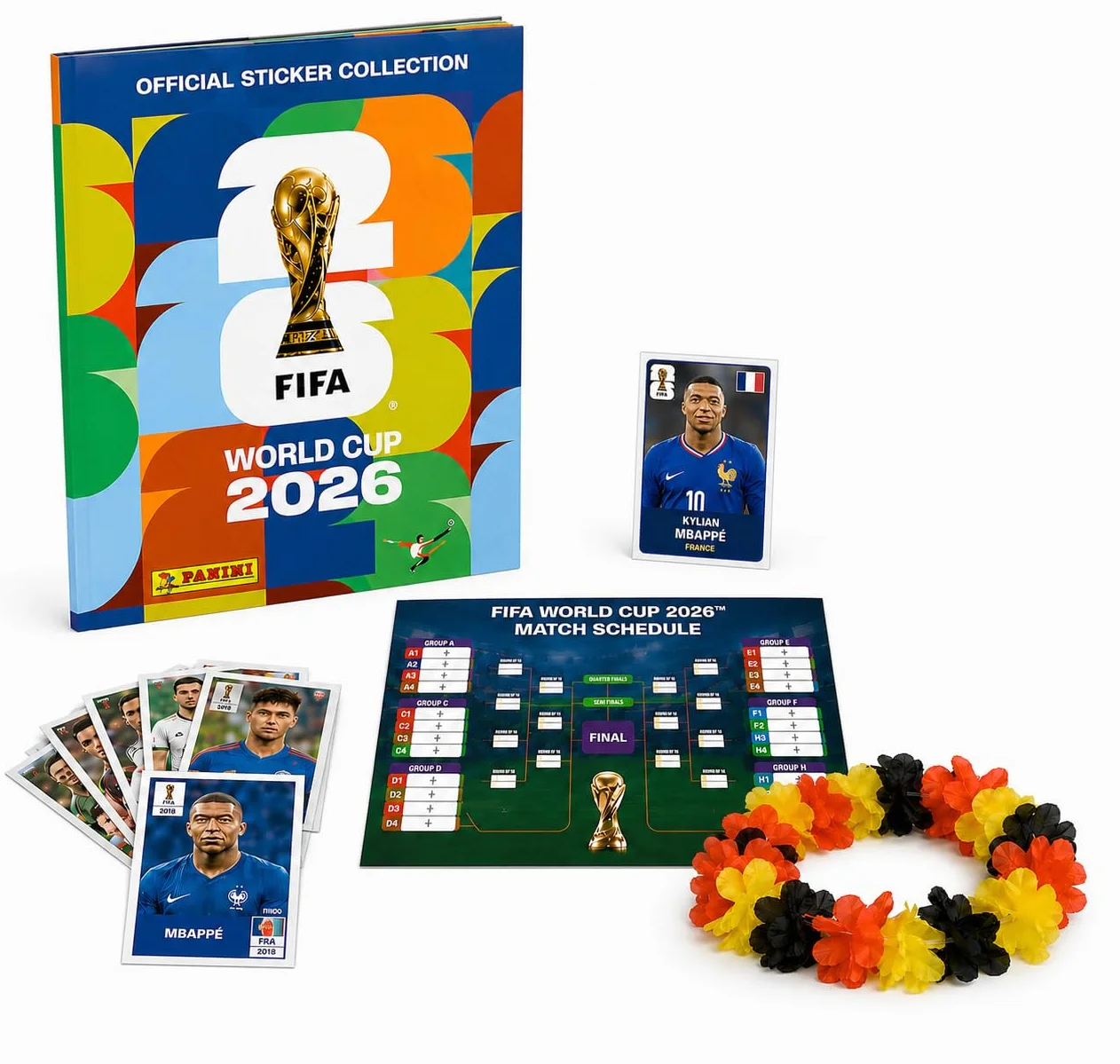 Set Panini Coppa del Mondo 2026 Figurine & Album – Calcio con Collana di Fiori, Album Panini & Calendario Partite (1 Bustina / 13 Figurine)