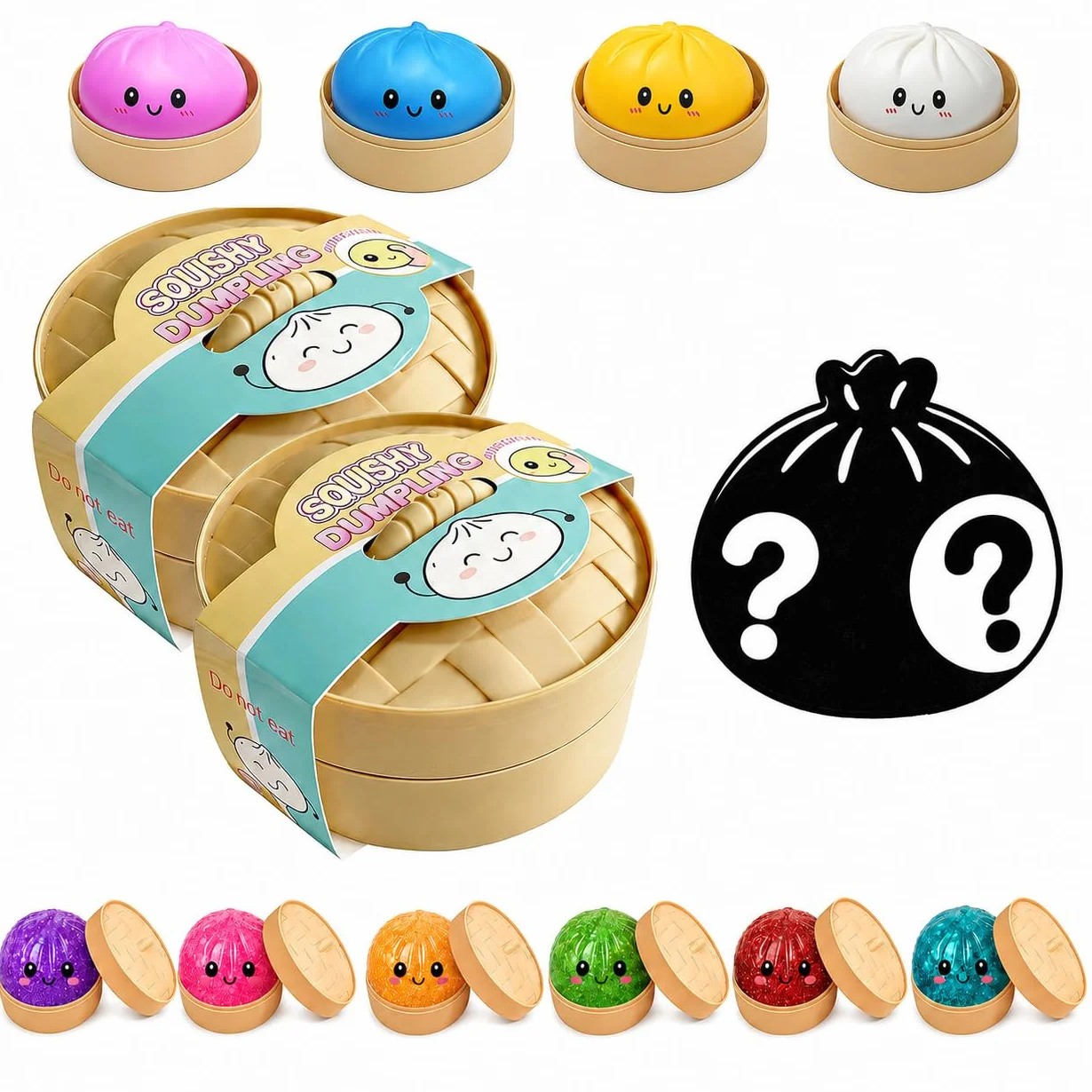 Mystery Squishy Dumplings 2 Pacchi Giganti con Glitter e Vaporiera – Giocattoli Sensoriali Soft Slow-Rise, Regalo Antistress, Idea Divertente per Bambini e Collezionisti, senza duplicati