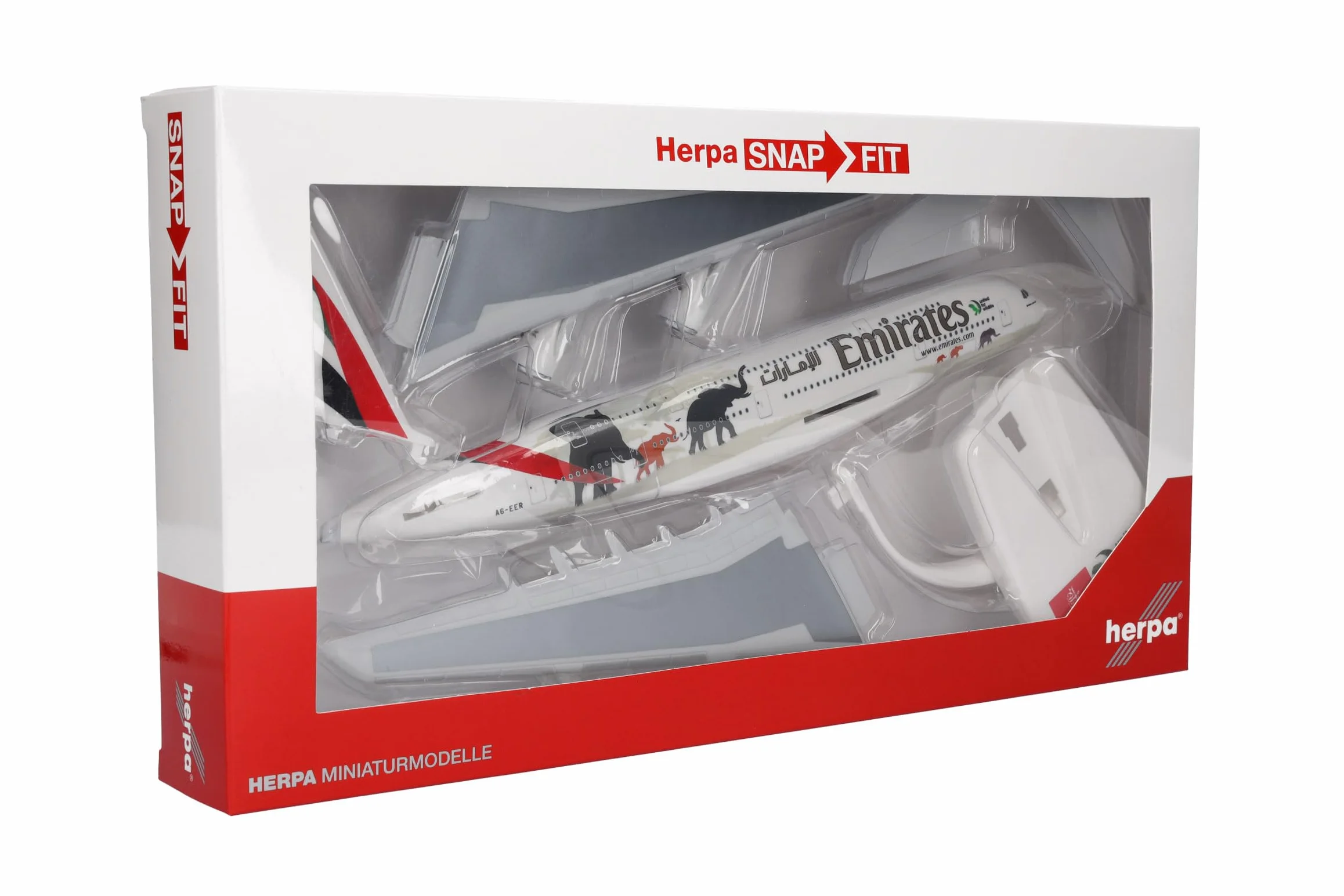 herpa modello di aereo Emirates Airbus A380 United for Wildlife (No.2), in scala 1:250 - Snap-Fit, pezzo da collezione, miniatura deco, statuetta con supporto in plastica