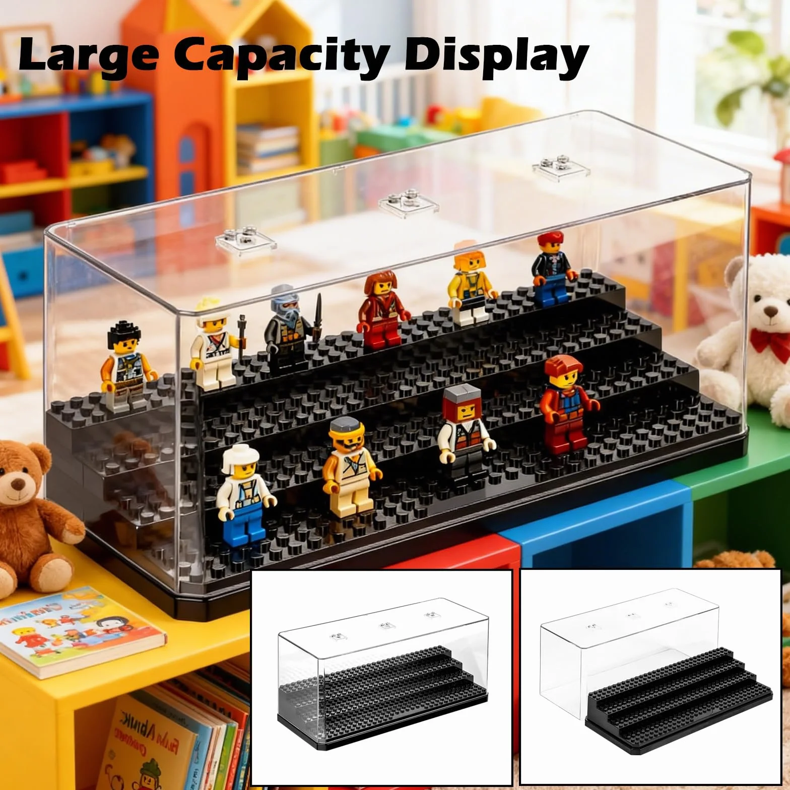Vetrina Acrilica per Minifigures, 4 Strati Acrilico Impilabile Modelli Espositiva con Ripiani Rimovibili, Antipolvere Trasparente Giocattoli Scatola di Visualizzazione Collezione e Building Block