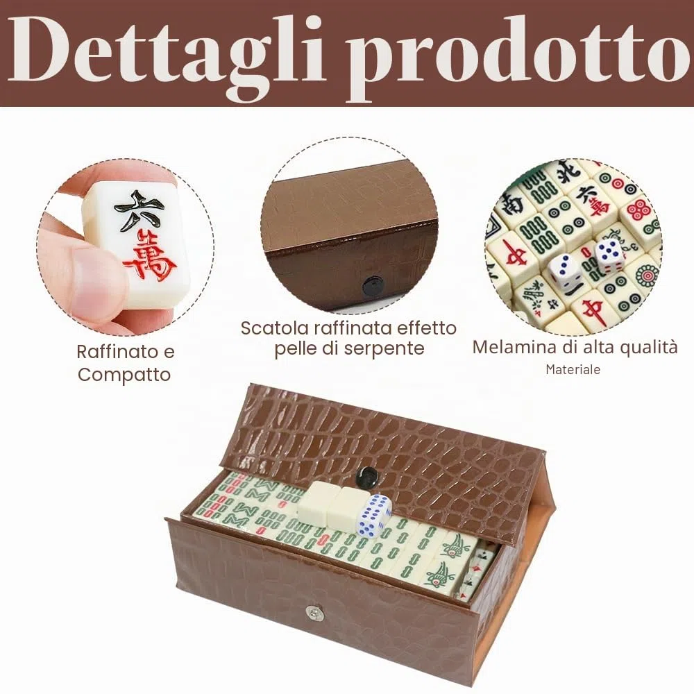 Mahjong Gioco Set, Mahjong Gioco da Tavolo con 144 Pietre, Mini MahjongSet con Scatola Portaoggetti, MahjongSet di Giochi in Versione Cinese Tradizionale (Scatola Di Pelle)