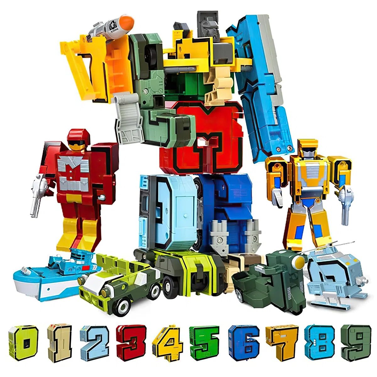 OBEST Trasformatore di Numeri Robotici Giocattoli, 15 Simboli Digitali Deformazione Carro Armato/Elicottero/Sottomarino Assemblati, Set di Blocchi Educativi per Bambini