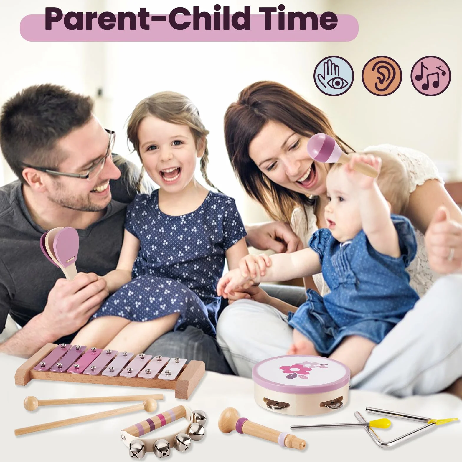 BUYGER Strumenti Musicali per Bambini con Xilofono Tamburi, Giocattolo Musicale Legno, Giochi Montessori 1 + Anno, Regalo per Bebe Bambini Bambina
