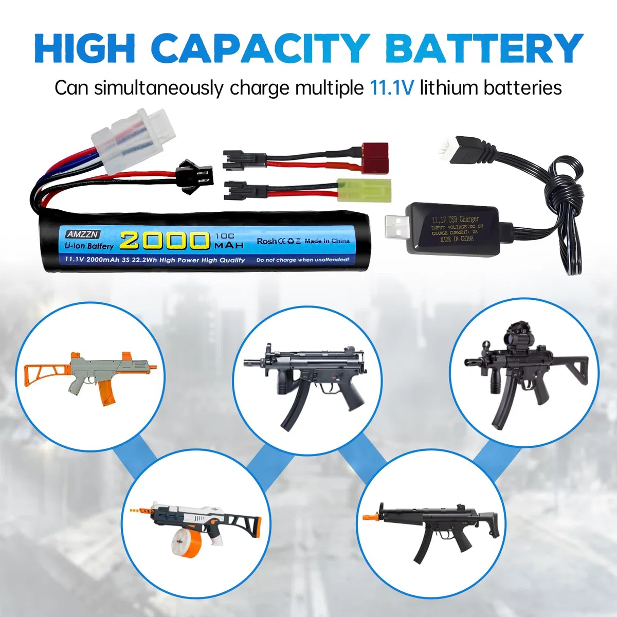 11.1V 10C 2000mAh batteria agli ioni di litio con SM-2P, T, cavo di conversione della spina Odamiya e Caricatore USB è adatto per il blaster di gocce d'acqua del gel della pistola ad aria
