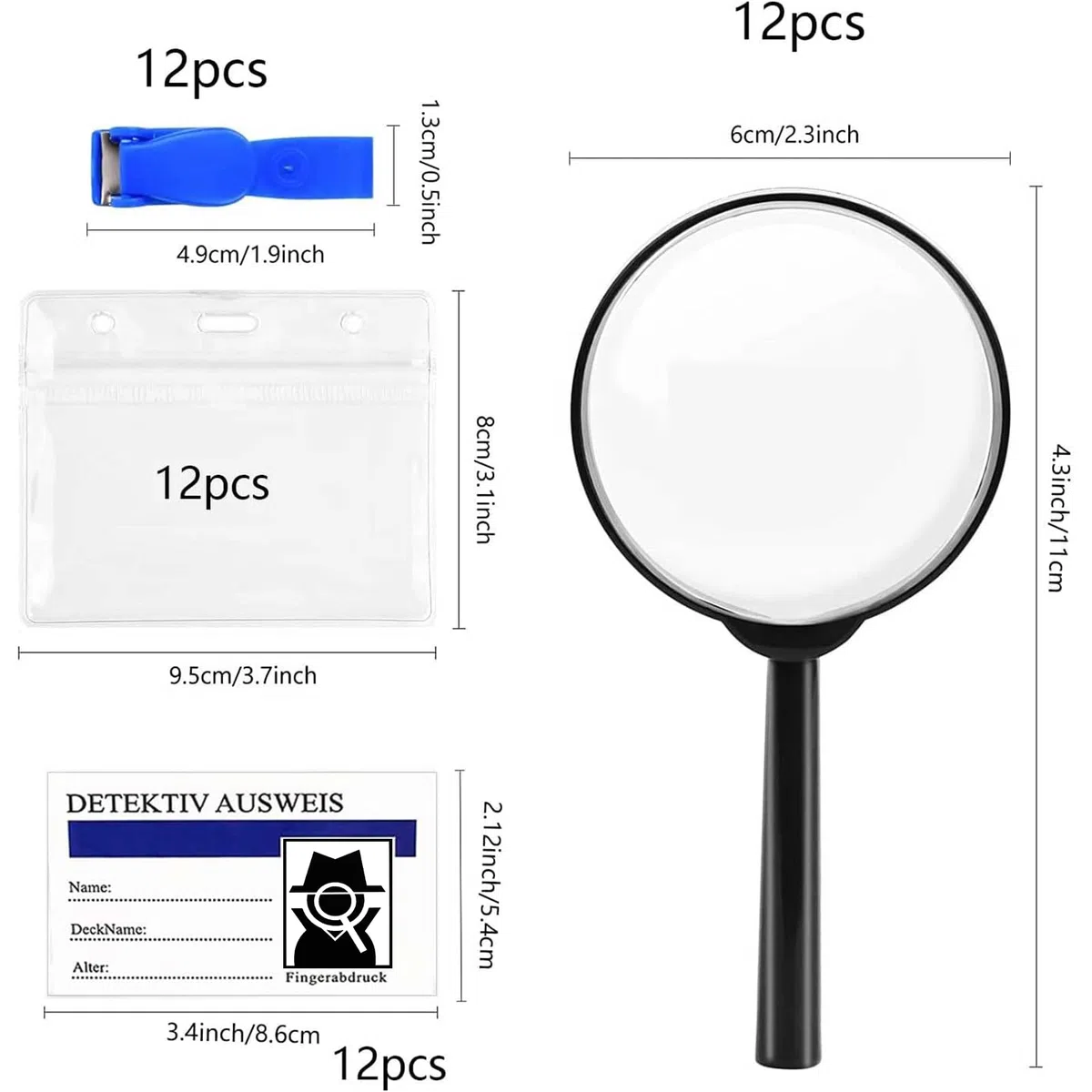 CONNECTION 12 Pezzi Lente di Ingrandimento per Lettura con Badge Detective e Clip Design Ergonomico Ideale per Esplorazioni Lettura Mappe, Analisi di Oggetti e Giochi di Ruolo Investigativi per Adulti