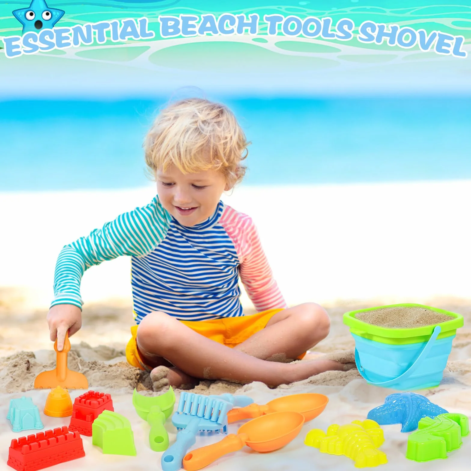 24 Pezzi Giocattolo da Spiaggia per Bambini, Set di Giocattoli di Sabbia, Giocattolo con Secchio Pieghevole, Borsa a Rete, Pala, Formine di Sabbia, per 2 3 4 5 Anni Bambini