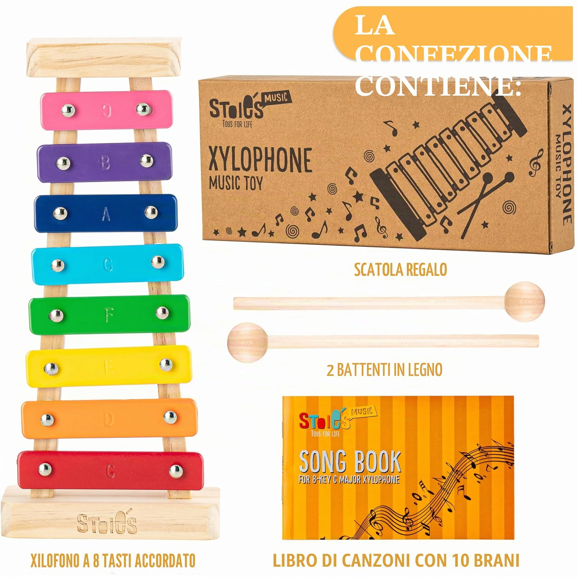 Xilofono in Do maggiore 8 tasti con le bachette in legno, per bambini e adulti, facile da suonare, libro di canzoni incluso
