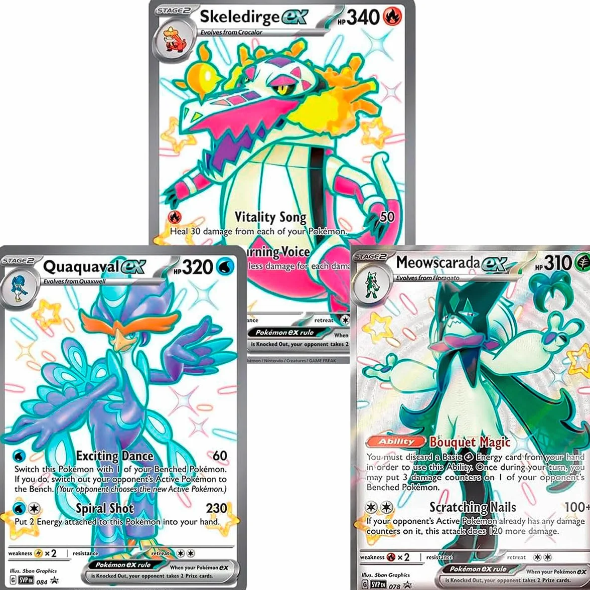 Pokémon Jumbo Pack 3 Iniziali ultime evoluzioni Scarlatto e viola carta Skeledirge EX Meowscarada e Quaquaval EX Promo, grandi carte XXL