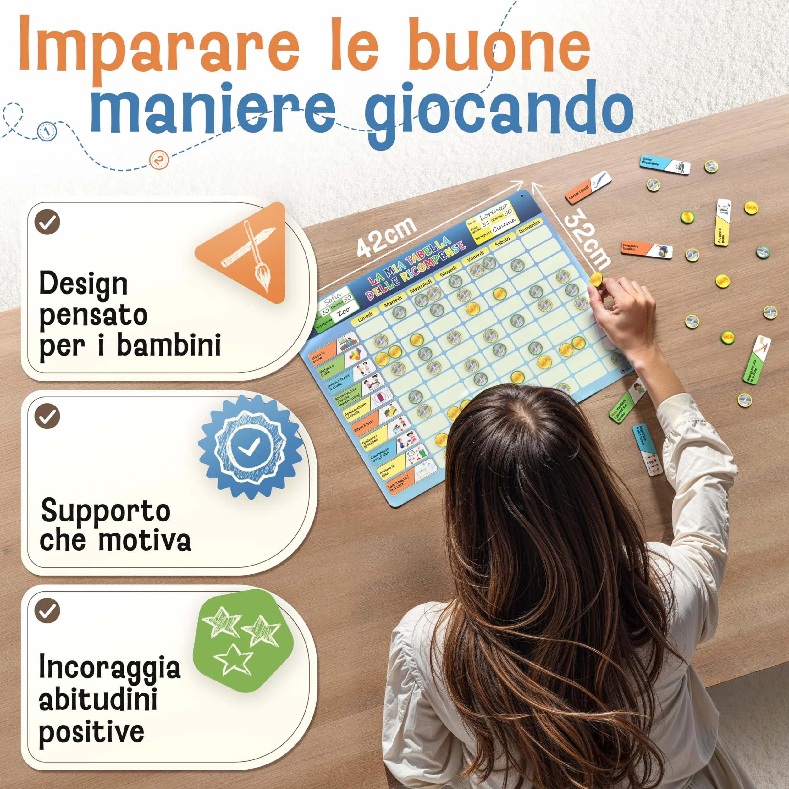 LIKARTO® Tabella delle ricompense per bambini - incl. 280 magneti - Sistema di ricompense per bambini, agenda dei compiti Montessori, indipendenza ludica, tabella magnetica, tabellone dei premi