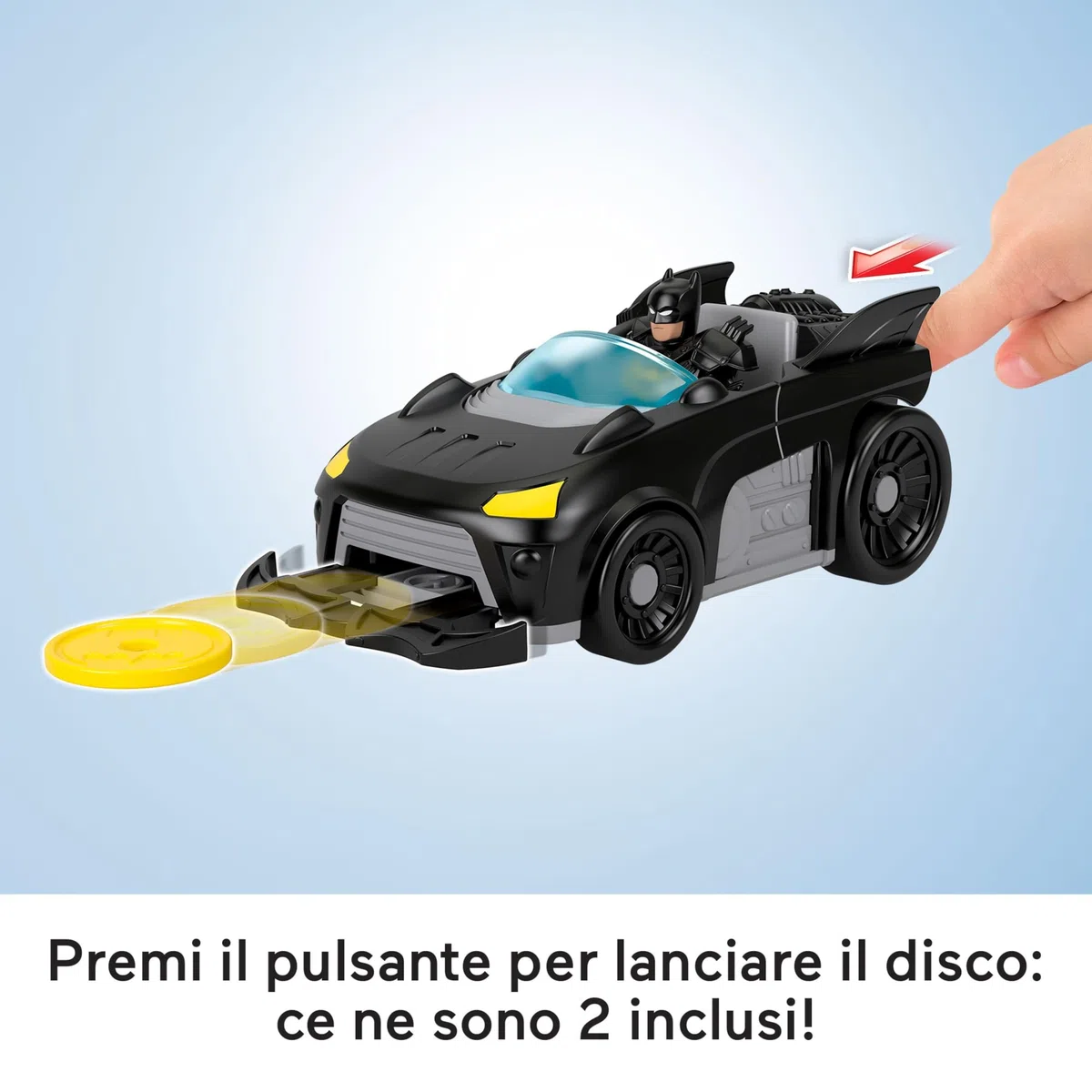 Fisher-Price Imaginext DC Super Friends - Metal Force Batmobile, veicolo attivabile con luci e suoni, personaggio Batman, lanciatore e 2 dischi inclusi, giocattolo per bambini, 3+ anni, JFJ68