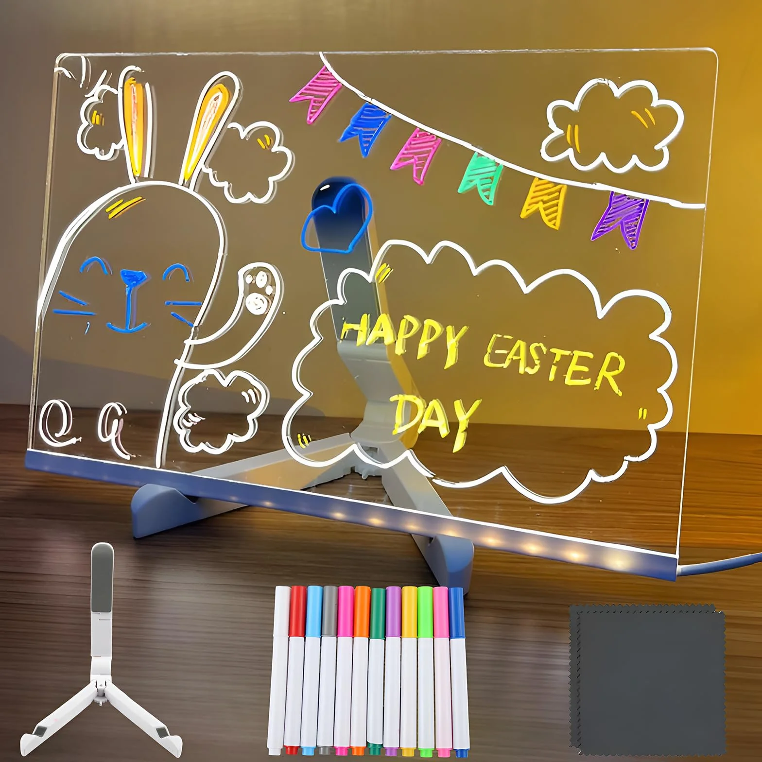 Lavagnetta in Acrilico con Luci LED Lavagna Luminosa per DisegNare con 12 Penne Neon Cancellabile Arte Creativa Desktop Illuminato per Ufficio Cafe School Casa Bambini (30 x 20 cm)