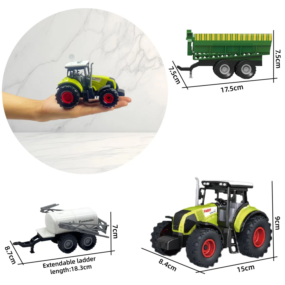 Scala 1:36 macchinina agricola inerziale per bambini, trinciacaricatrice, azienda agricola, agricoltura，3 effetti sonori simulati, luci, trattore + 2 rimorchi (Trattore + rimorchio)