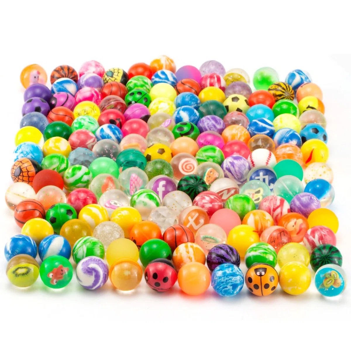 Palline Rimbalzanti, 100PCS Palline Rimbalzanti Compleanno, 25mm Pallina Rimbalzante, Vari Motivi Palla Rimbalzante per Bambini per Feste Premi Regali