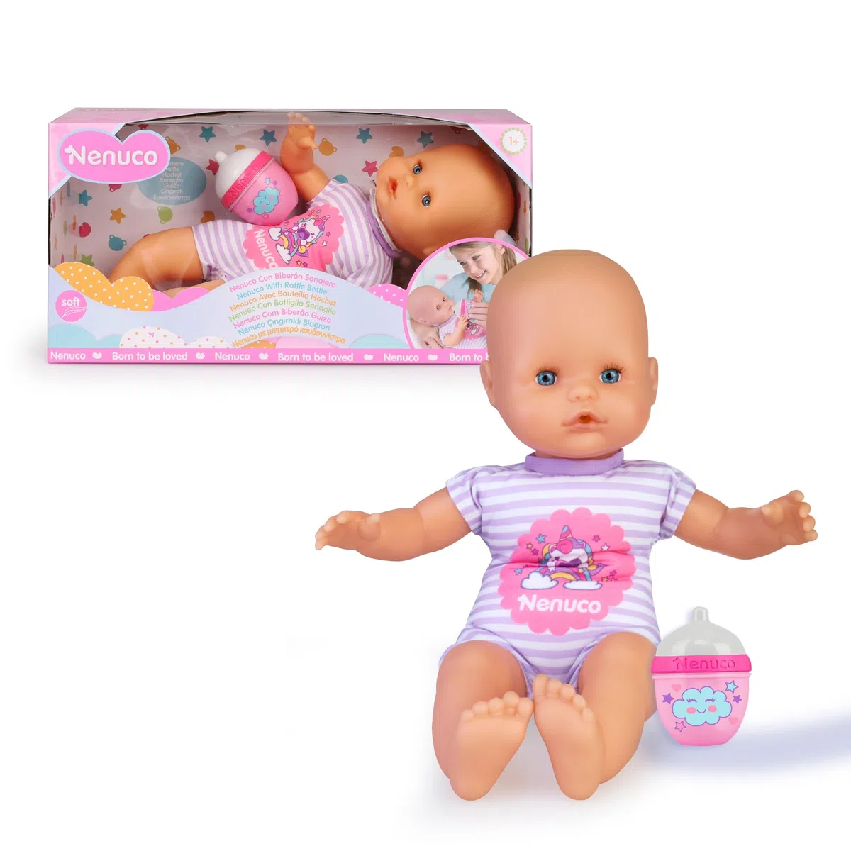 Nenuco -con biberon, bambola morbida con biberon sonaglio e con un pigiama a righe con stampa di unicorni, per bambine/I dai 12 mesi, (Famosa NFN87000)