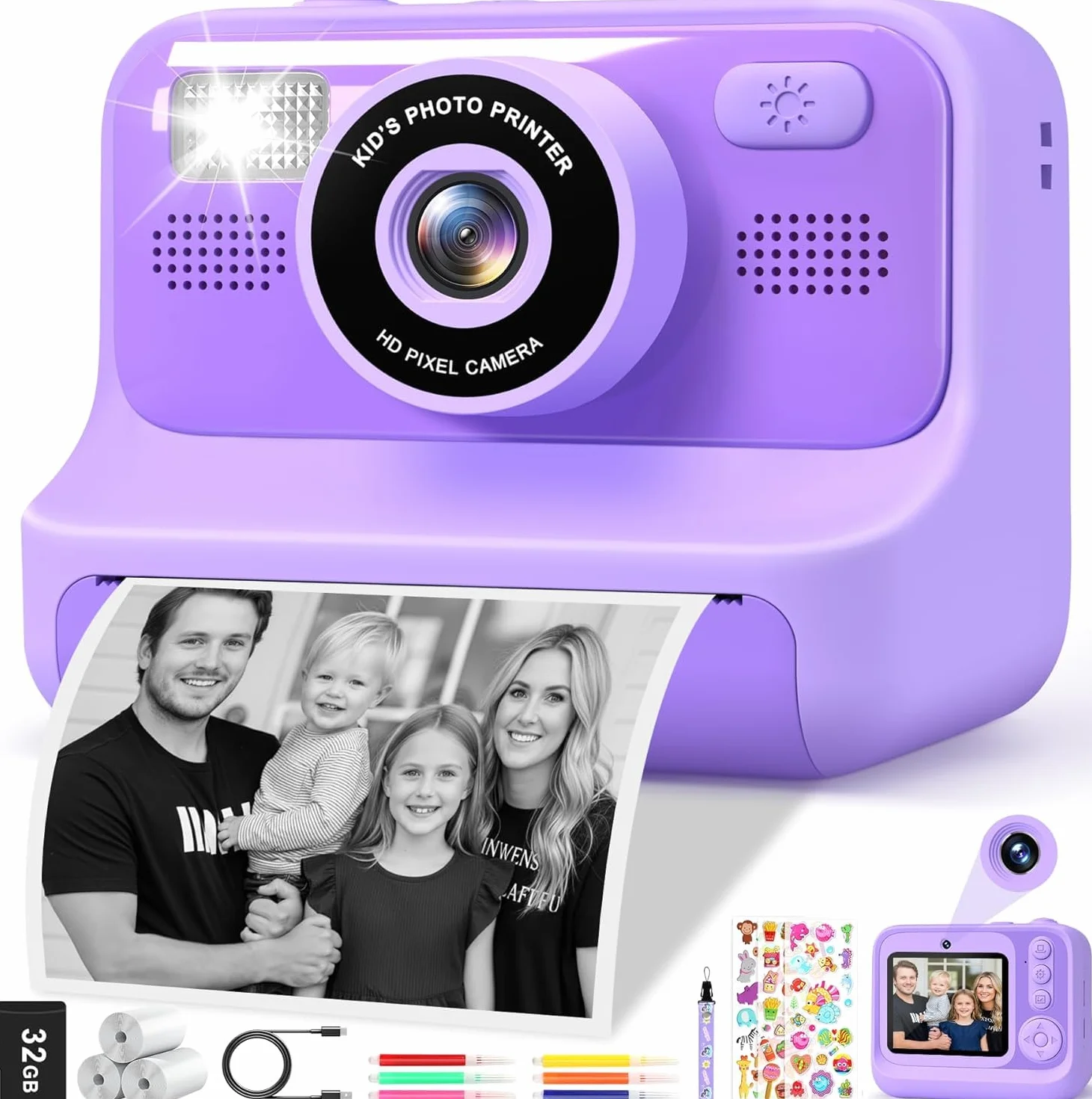 Subtail Fotocamera istantanea per bambini, 1080P, fotocamera istantanea per bambini, fotocamera digitale per selfie con 32 GB, giocattolo di compleanno a partire da 3-12 anni(Viola)