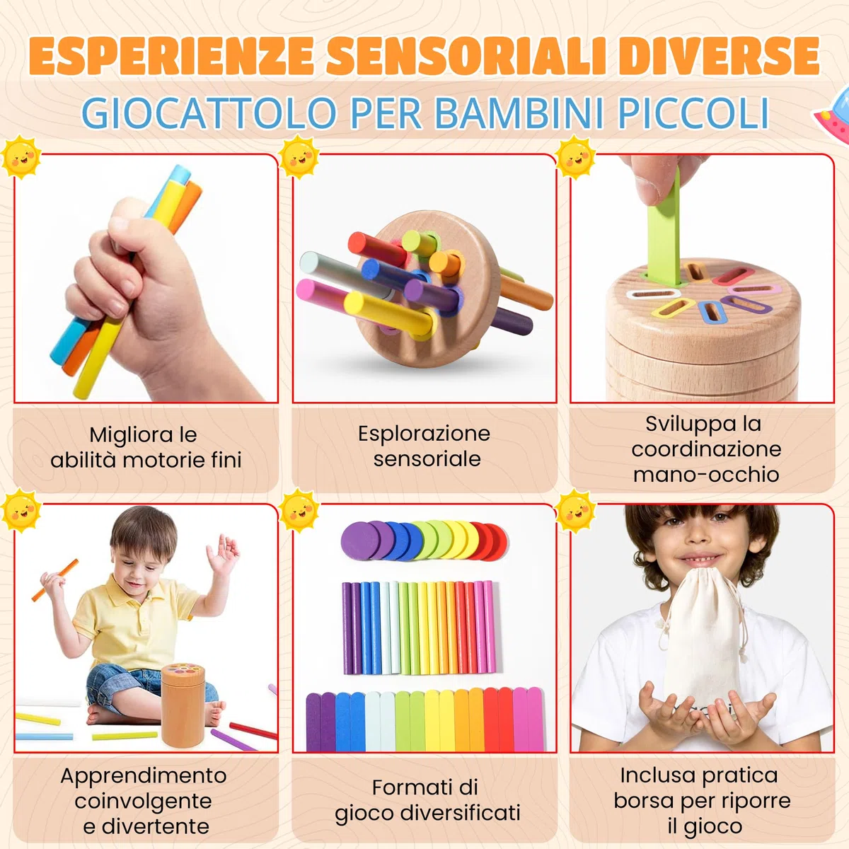 YAANI Montessori - Bacchette per assortimento Montessori, Giocattoli per bambini 6 mesi - 3 anni