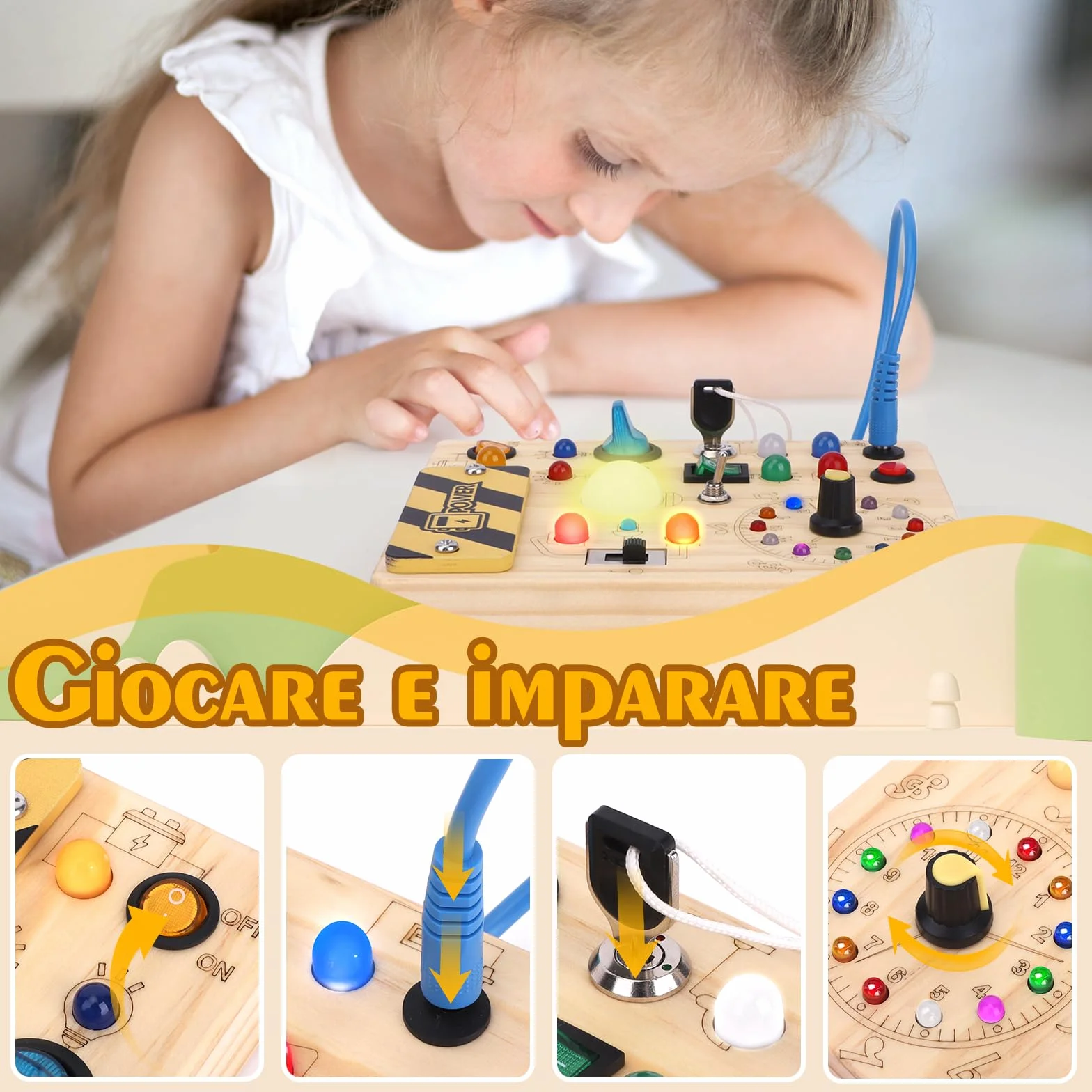 Hoarosall Busy Board Tavola delle attività Montessori in Legno per Bambini 1 2 3 Anni - Busy Board Sensoriale con 10 Interruttori e 23 Luci LED per Sviluppare la Motricità Fine