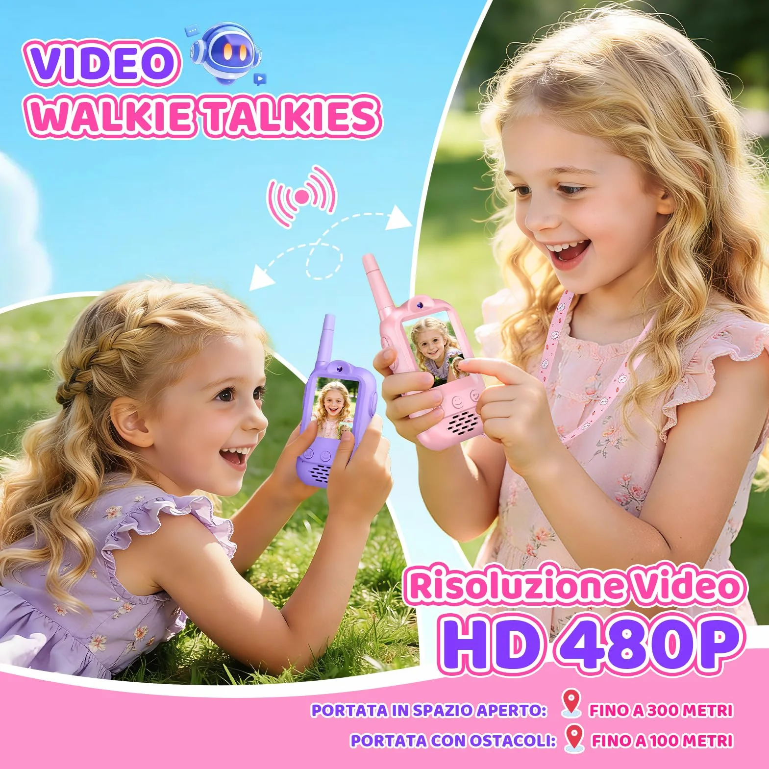 iKidiki Walkie Talkie Bambini Ricaricabili, Regalo Bambina 3 4 5 6 7 8 Anni Walkie-Talkie per Bambini con Video Giocattoli Giochi Bambina 3-8 Anni Femmina Idee Regali di Compleanno per Bimba