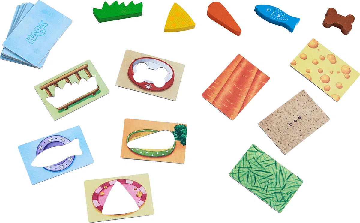 HABA 305473 – I Miei Primi Giochi – Nutri Me! Gioco di assegnazione a Partire dai 2 Anni per 1 – 5 Giocatori con 5 Figure in Legno a Tema Animali Domestici, Tempo di Gioco 5 min, trasmette la