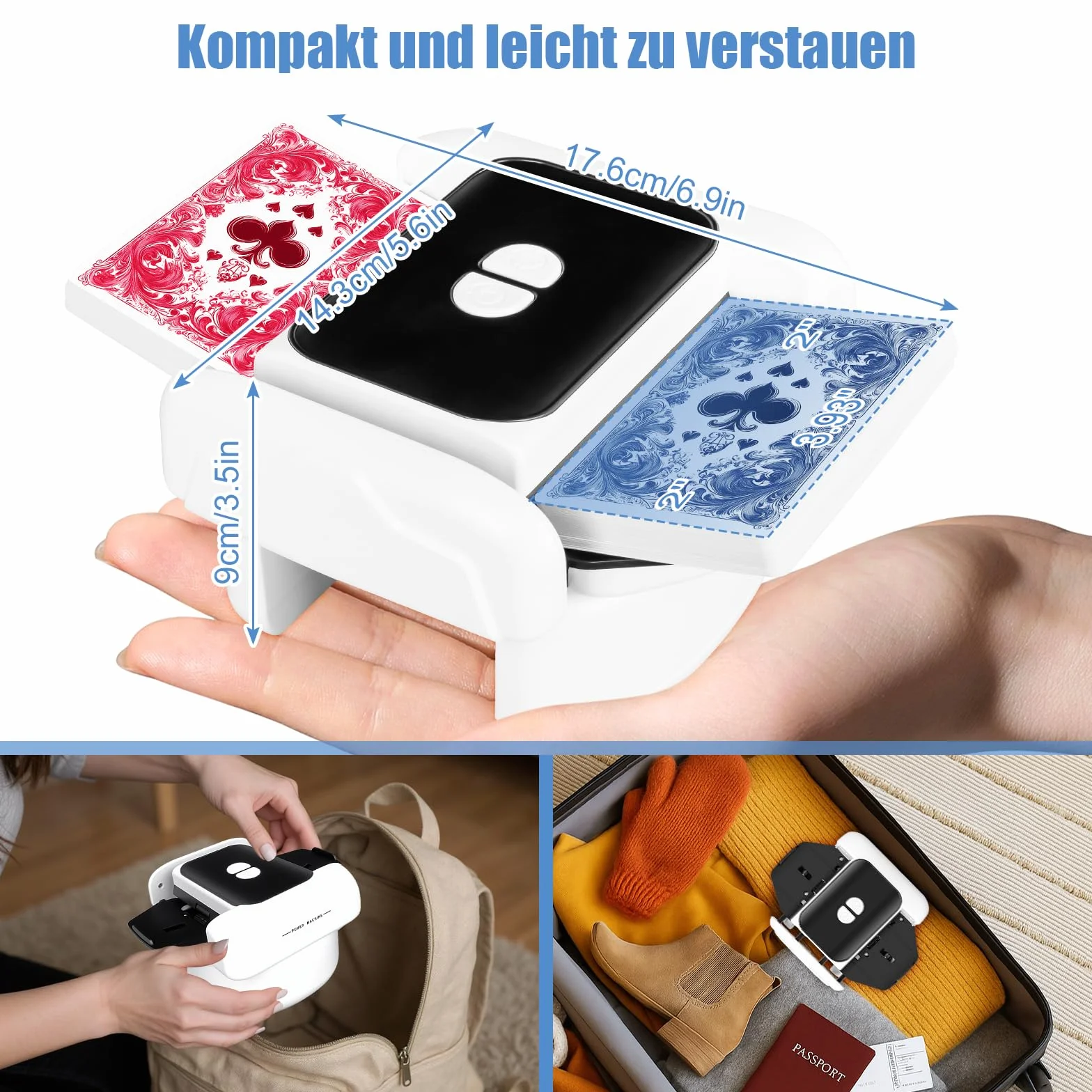 BEE&FLOWER Mischia Carte Automatico - Elettrico, Ricaricabile, Portatile e Silenzioso, Compatibile con 1–2 mazzi Standard Come Poker, Blackjack e Altri Giochi di Carte