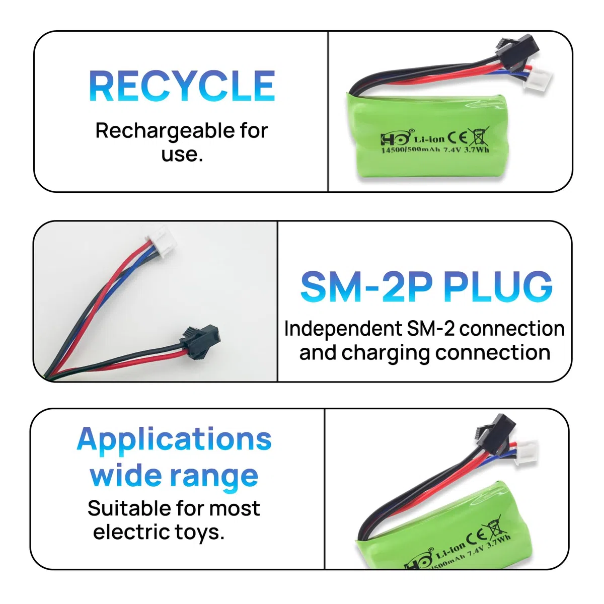 2 batterie plug in litio da 7,4 V 500 mAh SM-2P per auto RC, adatte per giocattoli RC, modellini auto, fuoristrada e altri dispositivi che necessitano di batterie ricaricabili.