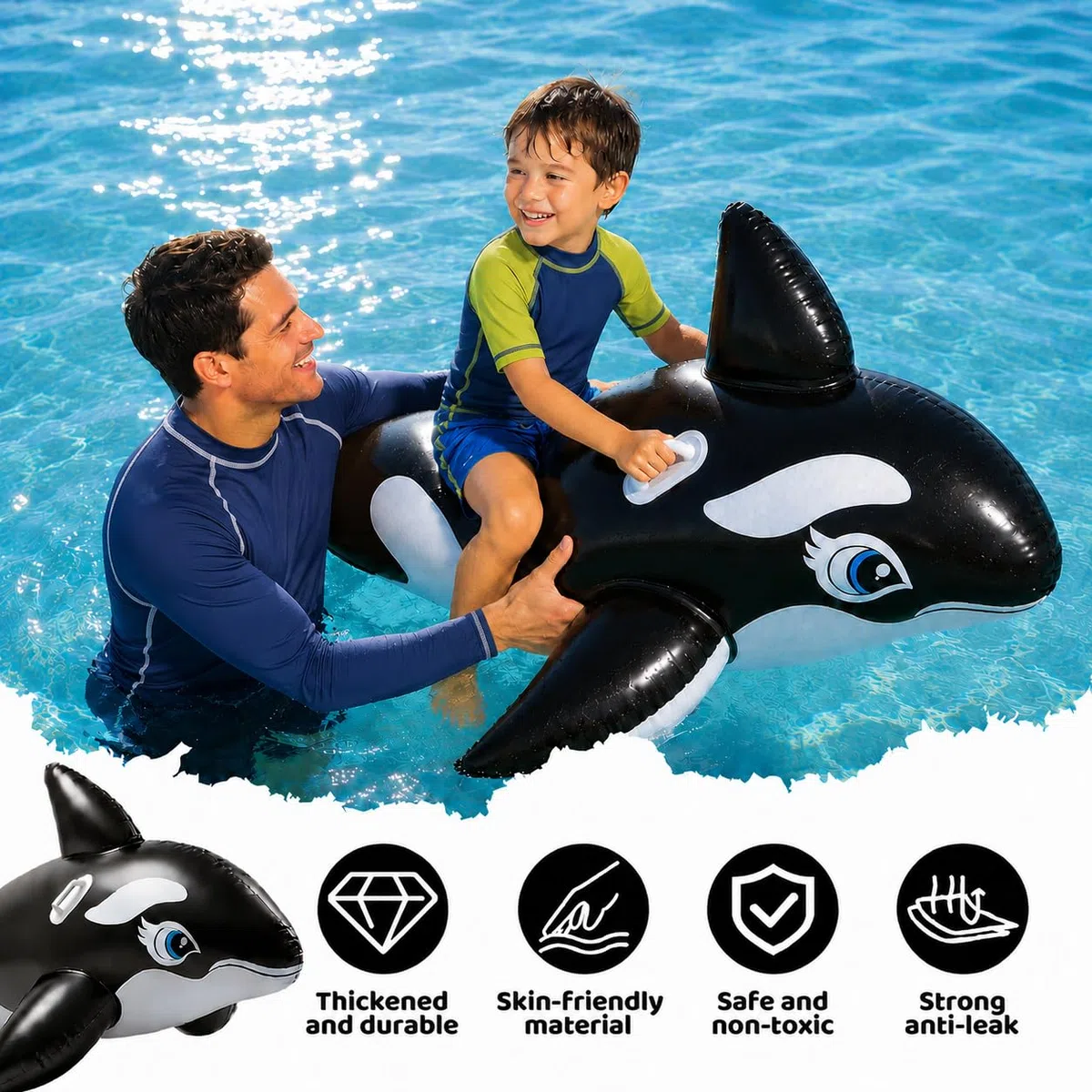 Balena Gonfiabile per Piscina, dellyy Cavalcabile Gonfiabile Bambini, Orca Gonfiabile Galleggiante Piscina, Anello di Nuoto con Corrimano per Spiaggia e Piscina