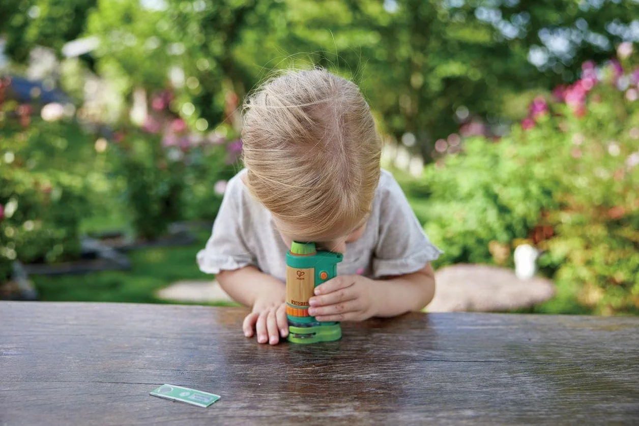Hape Nature Fun - Microscopio portatile in materiali eco con 4 vetrini e ingrandimento fino a 120x - Adatto dai 4 anni in su