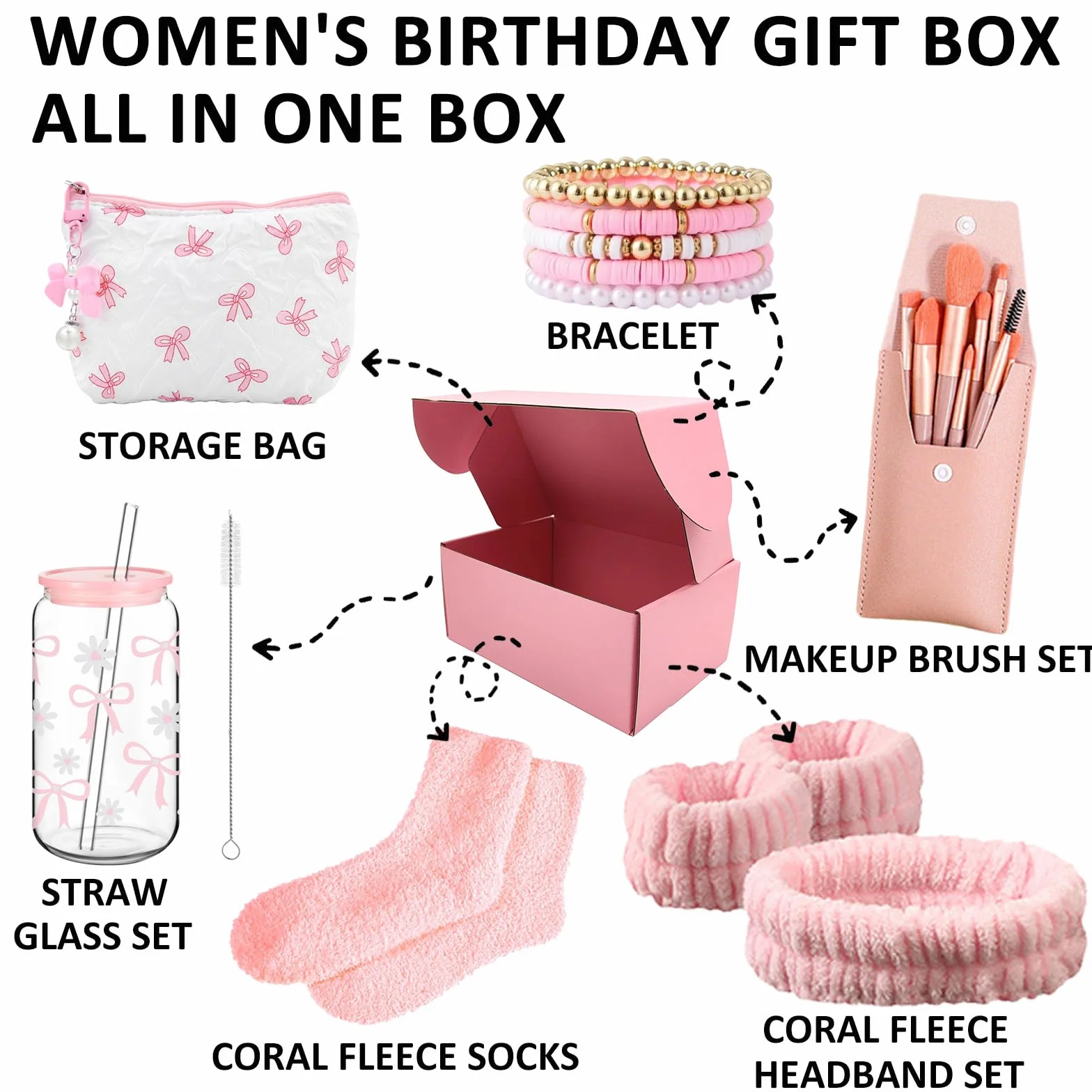 Sugeru Regali per Ragazze Adolescenti 9 10 11 12 13 14 15 16 anni, Regalo Compleanno con Donna Bicchiere con Cannuccia e Coperchio, Pennello per Trucco Borsa per Cosmetici Braccialetto Calzini (rosa)