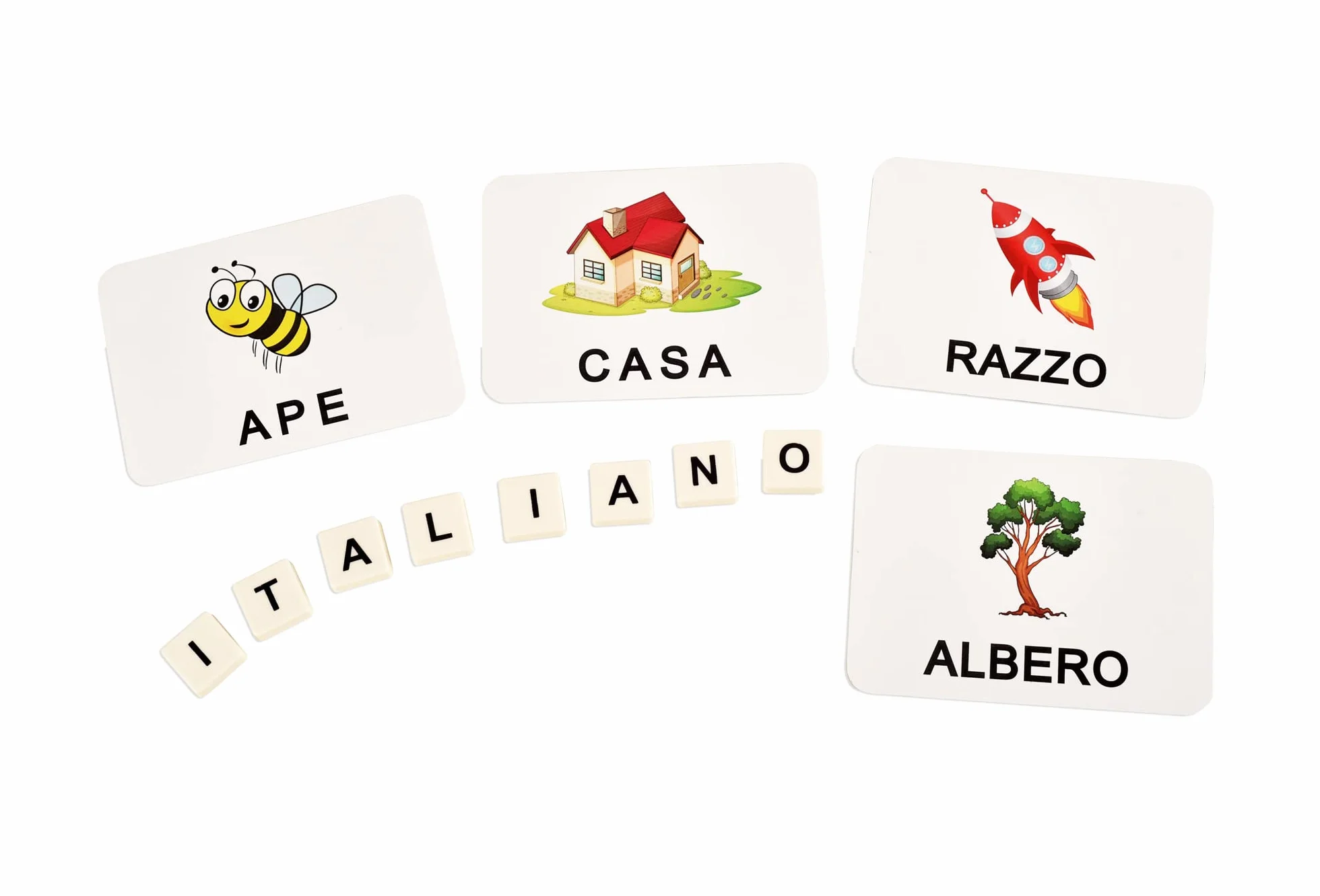 BOHS Juego de Ortografía en Italiano - Ve y Oculta la Ortografía - 60 Tarjetas Flash - Juguetes Educativos para el Aprendizaje de Idiomas en Preescolar