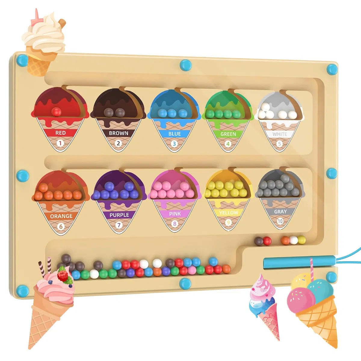 Montessori Giocattoli Gelato Magnetico Gioco Labirinto,Magnetici Gioco Perla Labirinto Piccolo Classificazione，Giocattoli in Legno, Educativi Colorati, Numeri e Colori Gioco, Per Bambini 3+ Anni