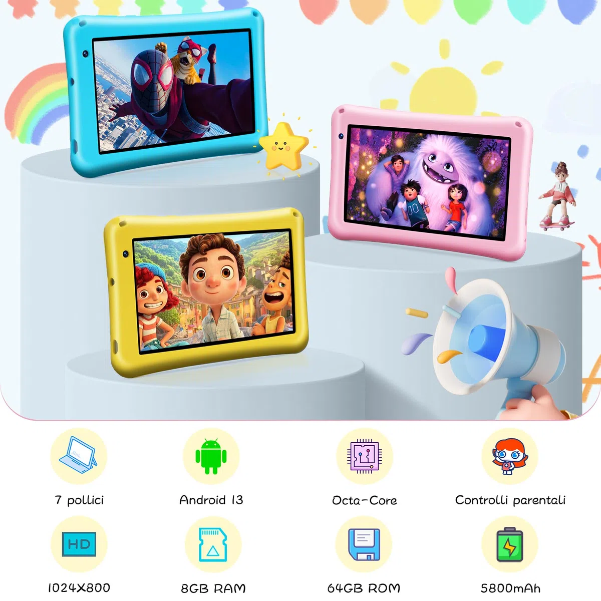 Tablet Bambini 7pollici, Android 13, Octa-Core, 8GB+64GB (esp. 256GB), 5800mAh Batteria, Doppia Cam. 5MP+8MP, Software Bambini