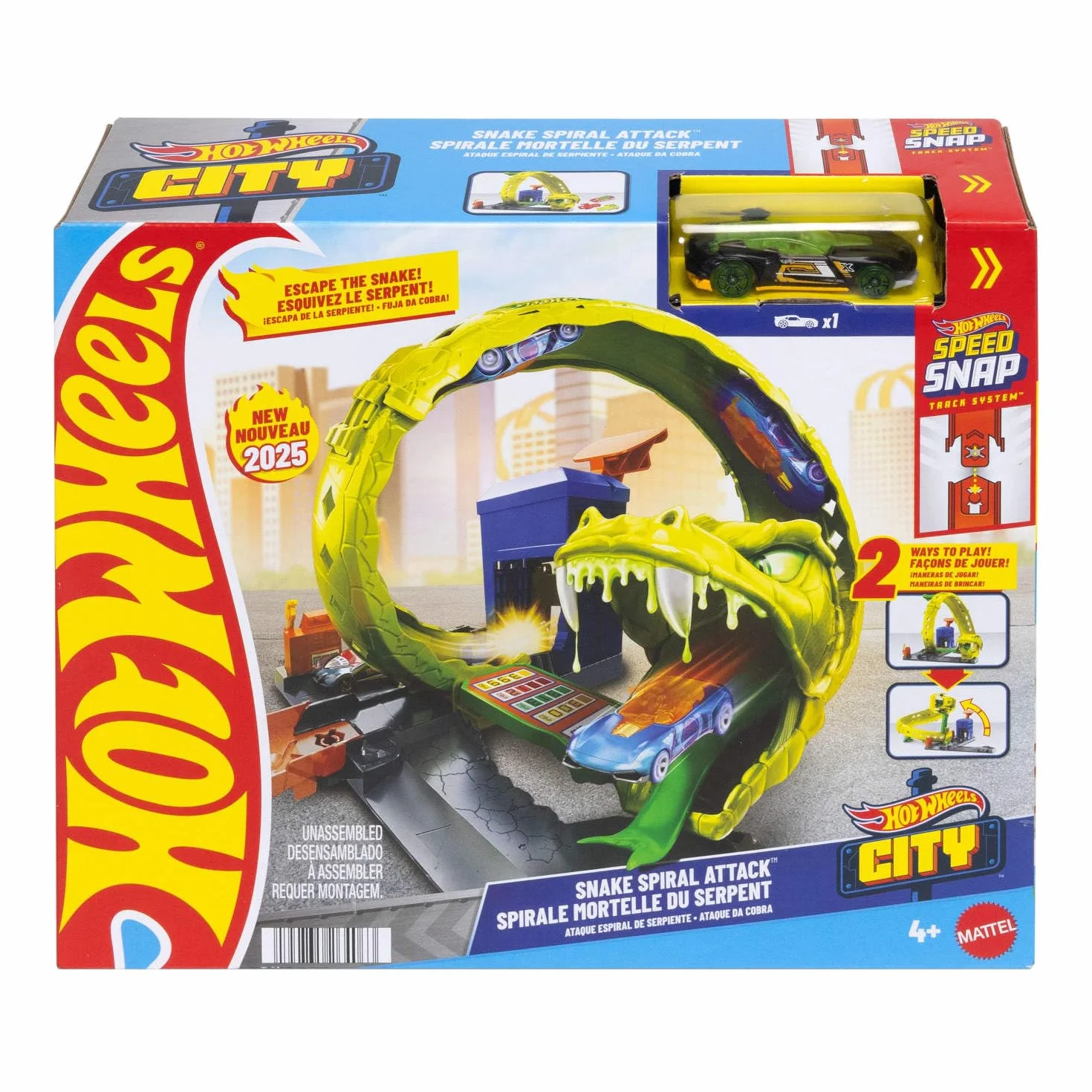 Hot Wheels - Attacco del Serpente, Set con Stazione di Servizio e Pista Spirale, 2 modalità di Gioco e Veicolo in Scala 1:64 Incluso, Giocattolo per Bambini, 4+ Anni, JBM63