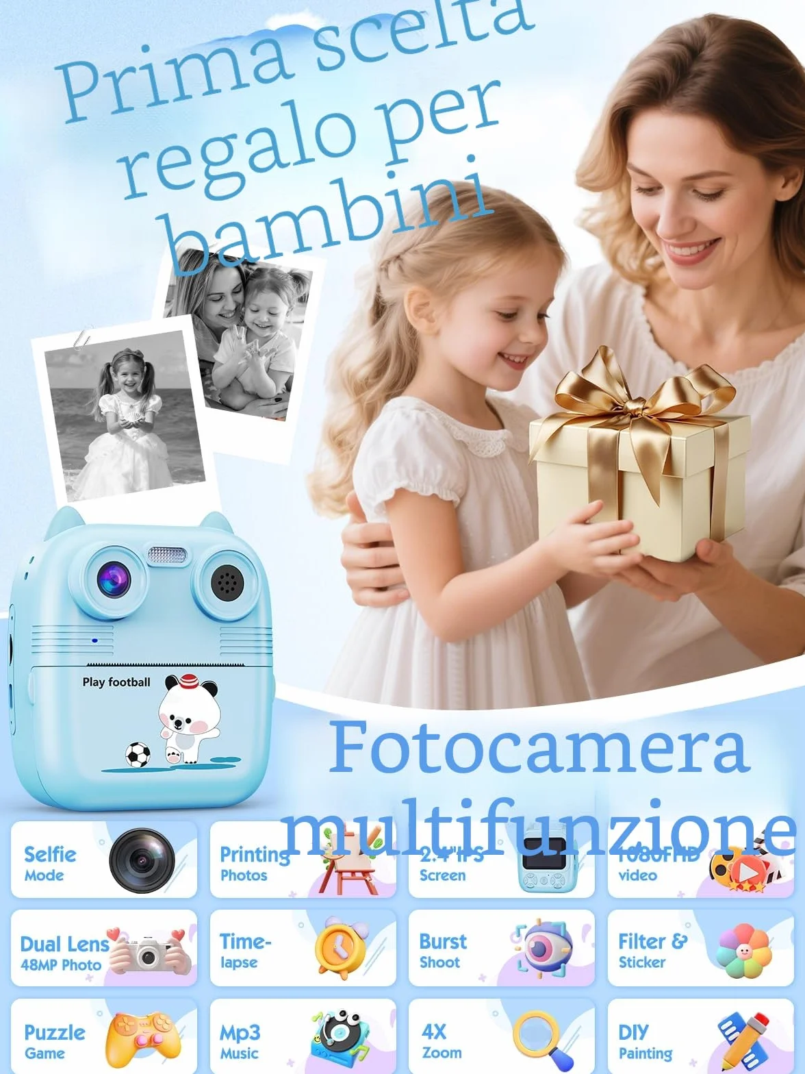 Macchina Fotografica Bambini Istantanea, 48MP e 1080FHD Dual-Camera Obiettivo Fotocamera Digitale con 4 Rulli di Carta da Stampa 2,4 Pollici IPS Schermo di Protezione Oculare 32GB Scheda (Blu)