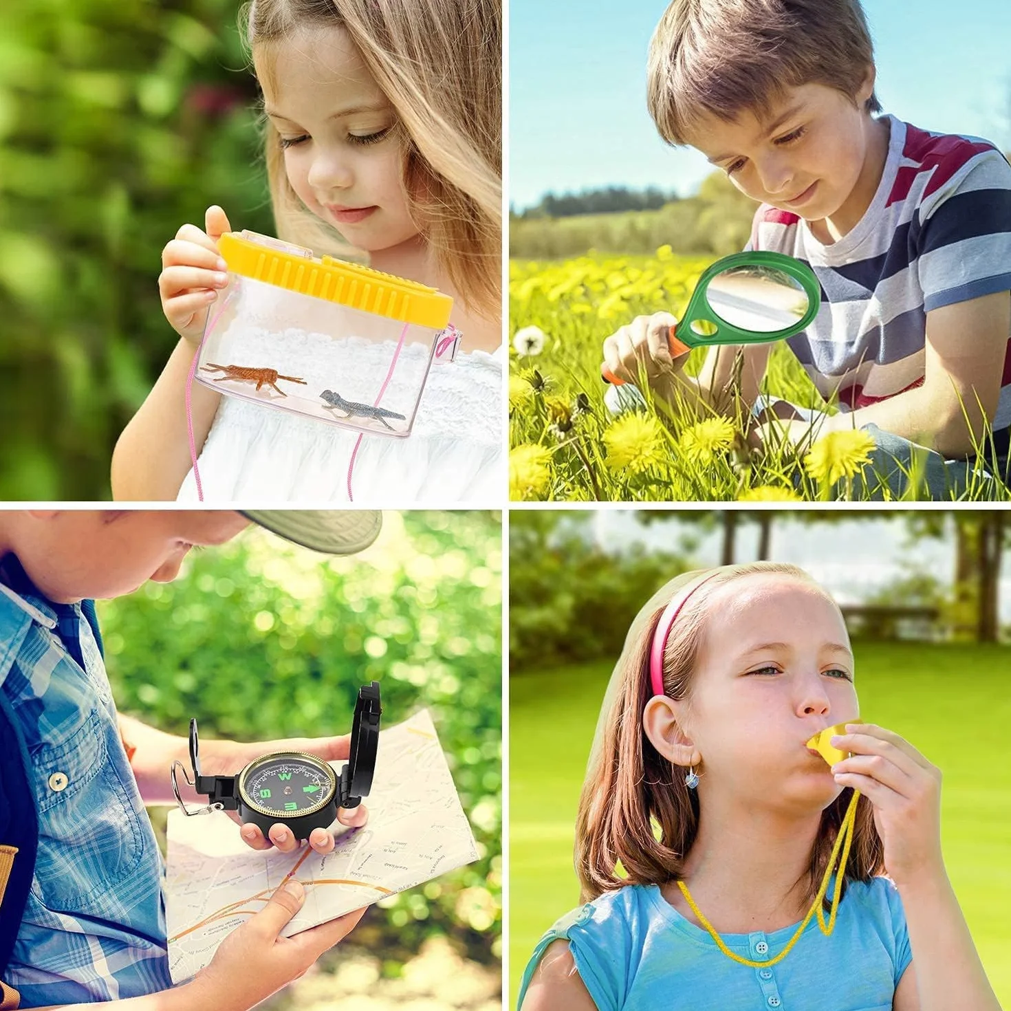 Kizplays Set Explorer Outdoor Giocattoli, Binocolo per Bambini Set Esploratore Avventuriero per Bambini 22 Pezzi con Pinzette Acchiappasetti Bussola Lente d'ingrandimento
