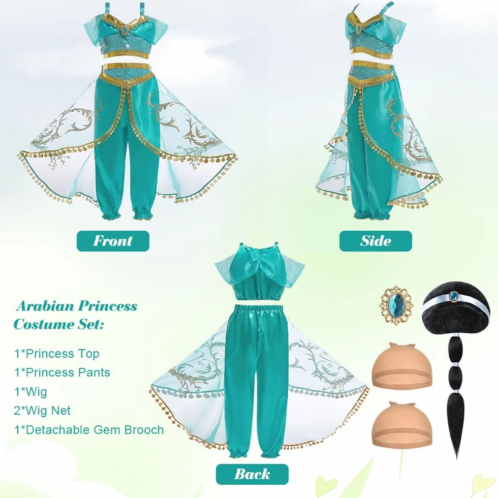 ACWOO Costume Vestito Jasmine Principessa per Ragazza Bambini, Jasmine Costume Ragazze Principessa con Parrucca, Jasmine Principessa Abiti Ragazze per Festa Danza Compleanno Halloween Cosplay