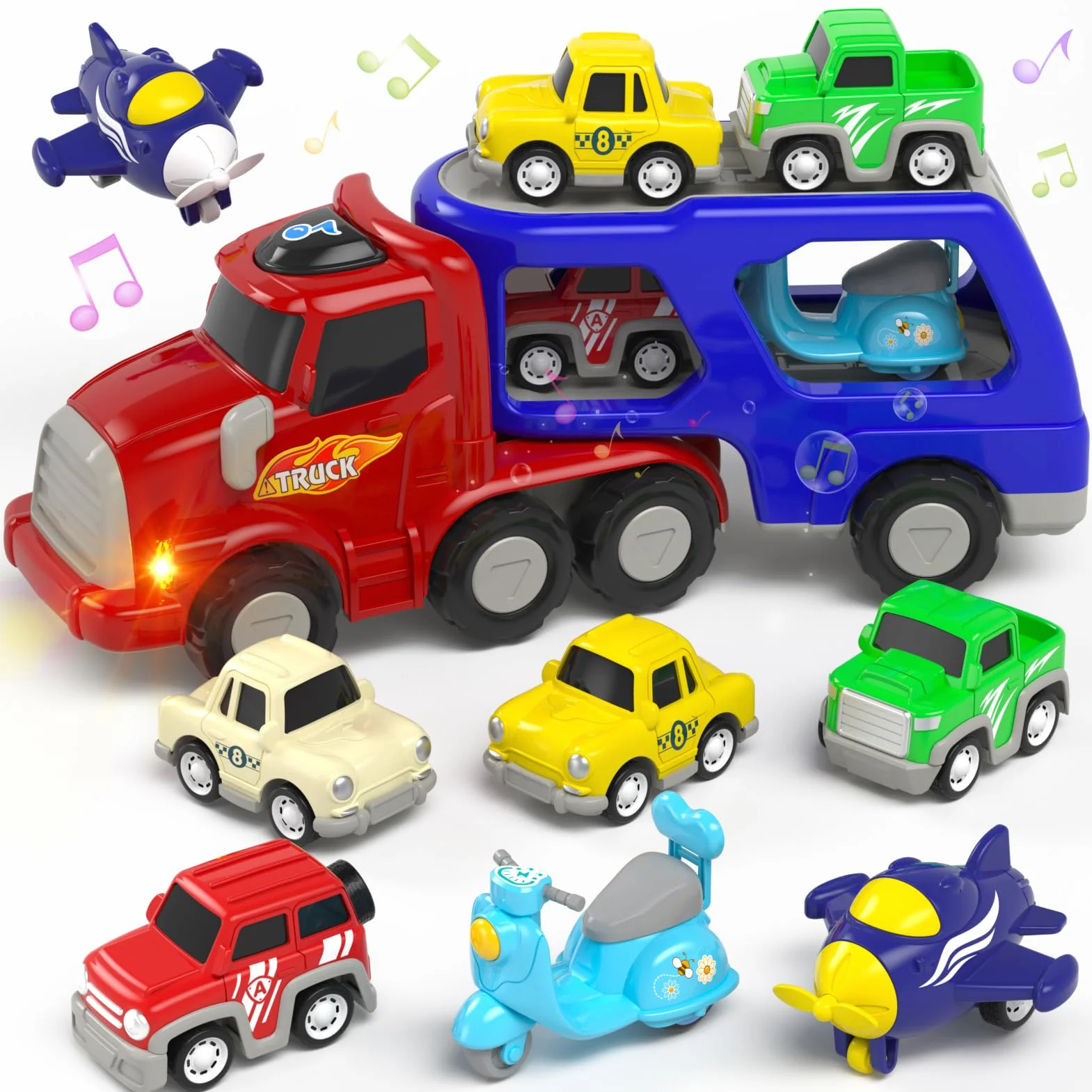 usrela Giocattoli per Bambini di 3 4 5 Anni Ragazzi e Ragazze, Auto Camion Giocattolo con 6 Auto Giocattolo, 7 in 1 Trasportatore Con Luce e Musica, Regalo per Giocattoli Compleanno Natale