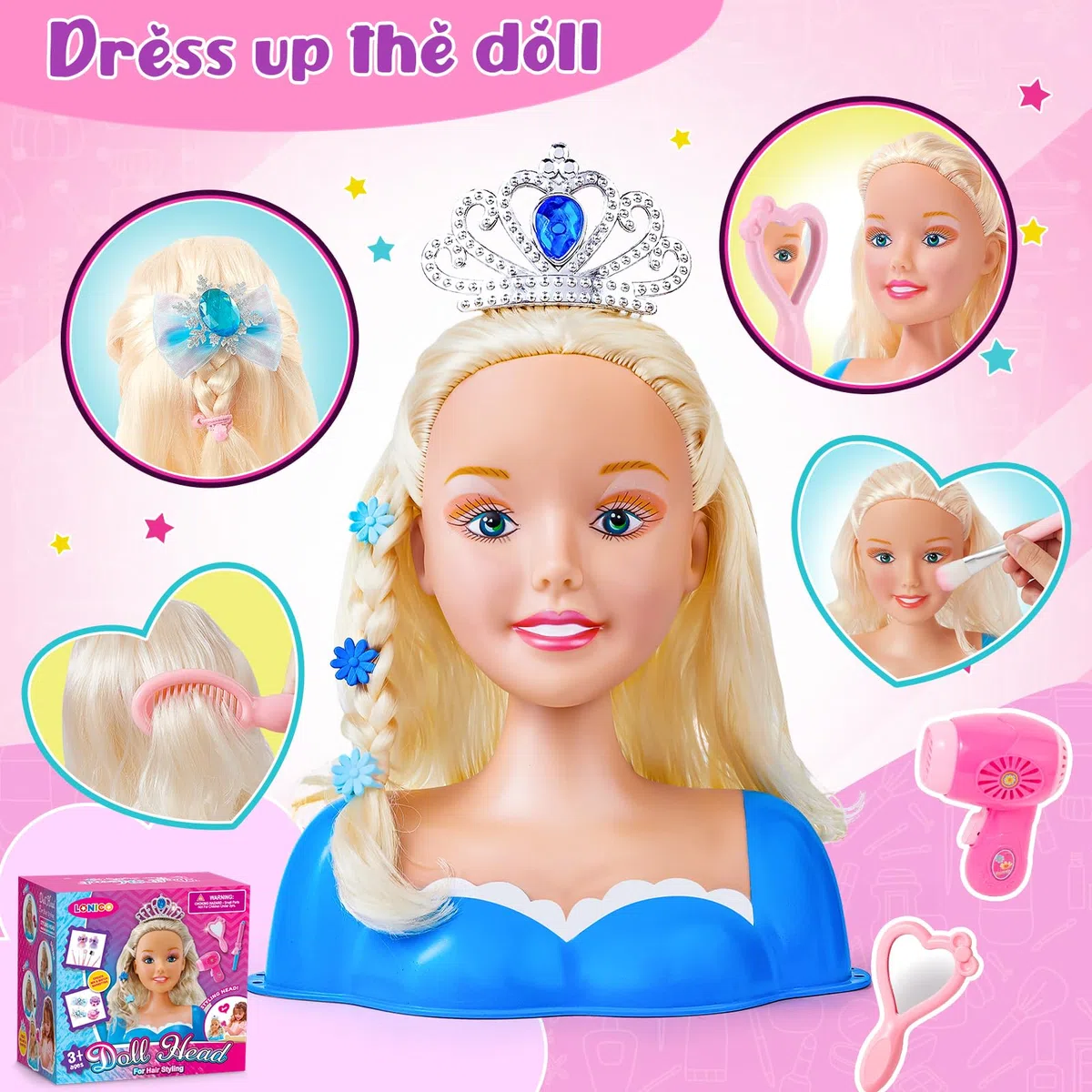 52Pcs Set Parrucchiere per Bambini Trucco in Stile Giocattolo, Hair Styling Head Teste da Truccare, Parrucchiere da Kit Bellezza Trucco Giocattolo Regali Natale Compleanno per Ragazze 3 4 5 6 Anni