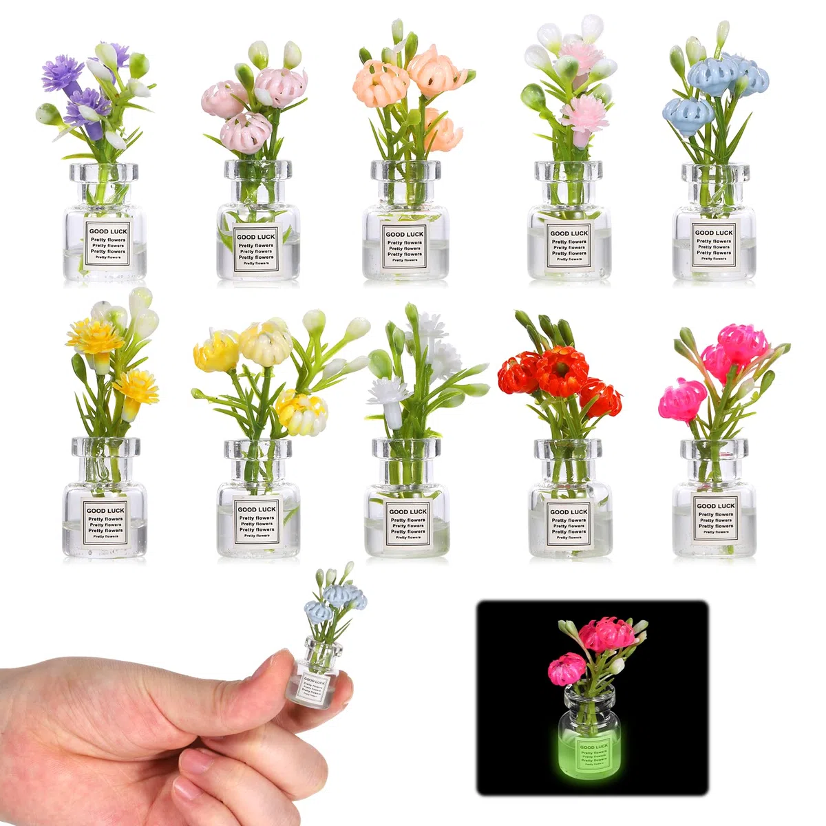 Ptwola 10 fiori in miniatura, pianta per casa delle bambole in vaso, realistico, vaso di vetro floreale, decorazione per la casa, piccole composizioni di piante, decorazione per case piccole, micro